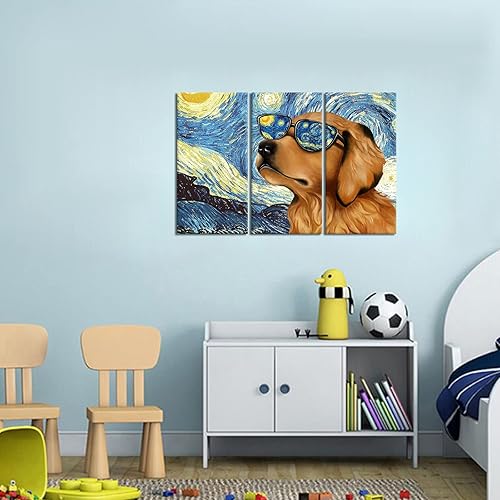 Miniatura 2 de Kaloremore Van Gogh Starry Night in Cool Dog Golden Retriever - Pintura de gafas de sol Giclée impresiones en lienzo envuelto en galería, 3 piezas