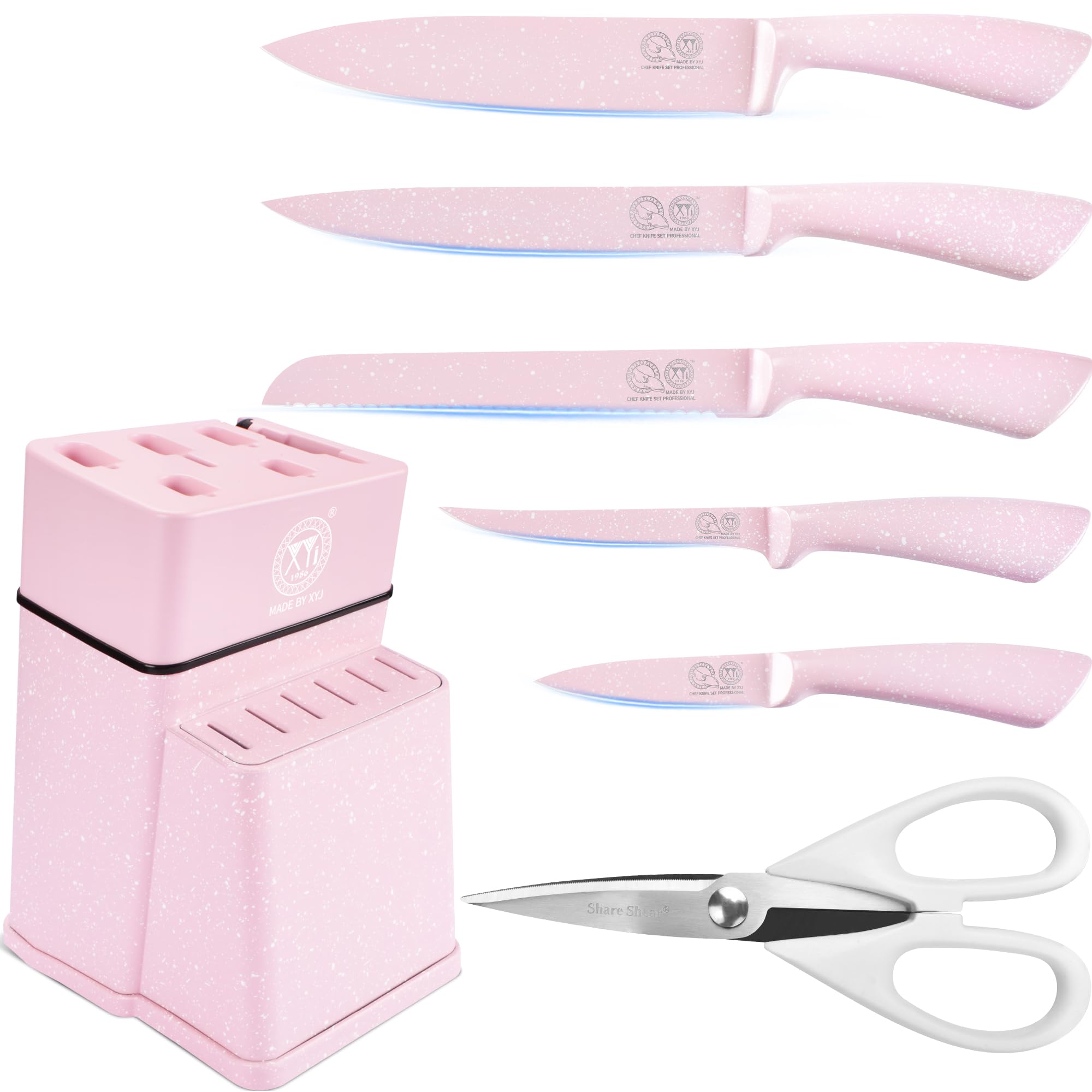 XYJ Knife Block Set Pink Color Stainless Steel Kitchen Knives With Knife Block Holder Meat Cleaver Professional Cooking