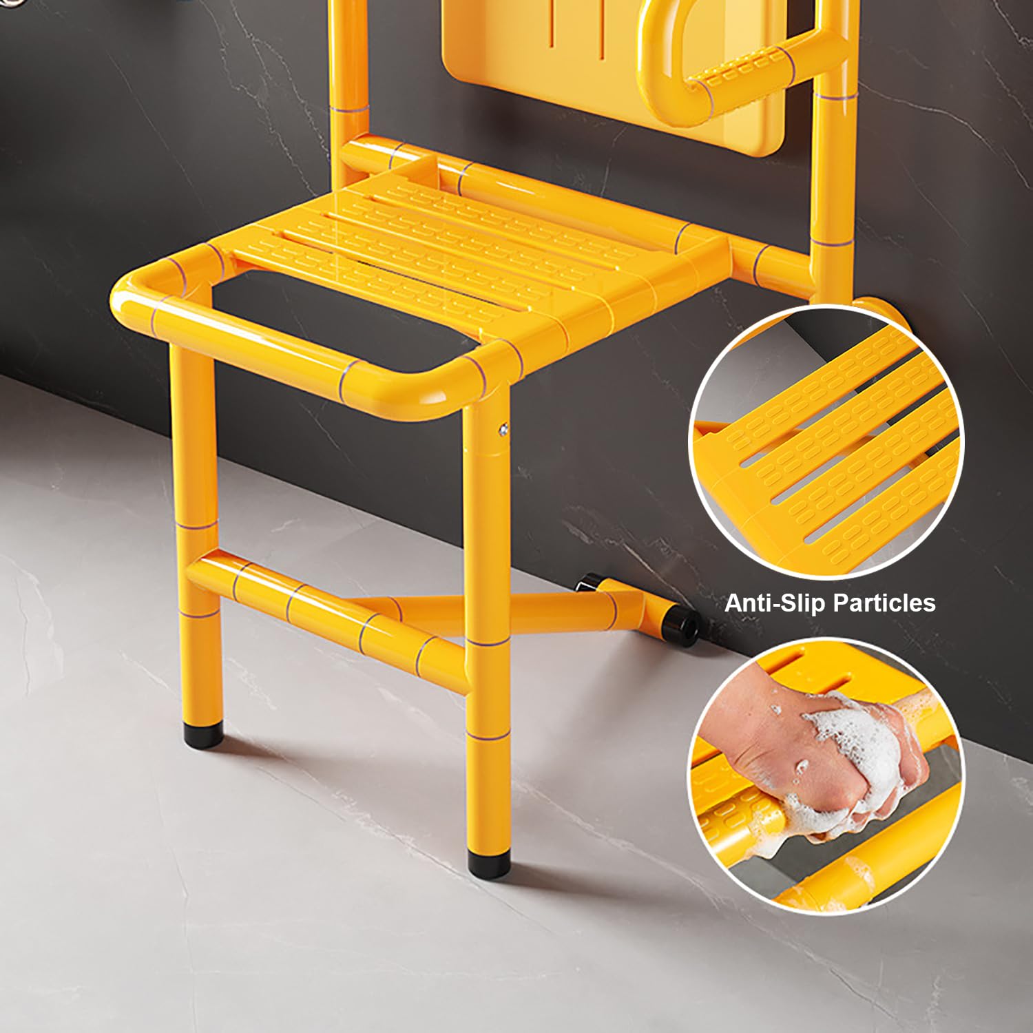 Asiento de Ducha Montado en la Pared para Personas Mayores | con 4 Patas,Plegable,Luminoso,Acero Inoxidable,Panel Reforzado,Requiere Perforación,Antideslizante,Soporta 300 kg