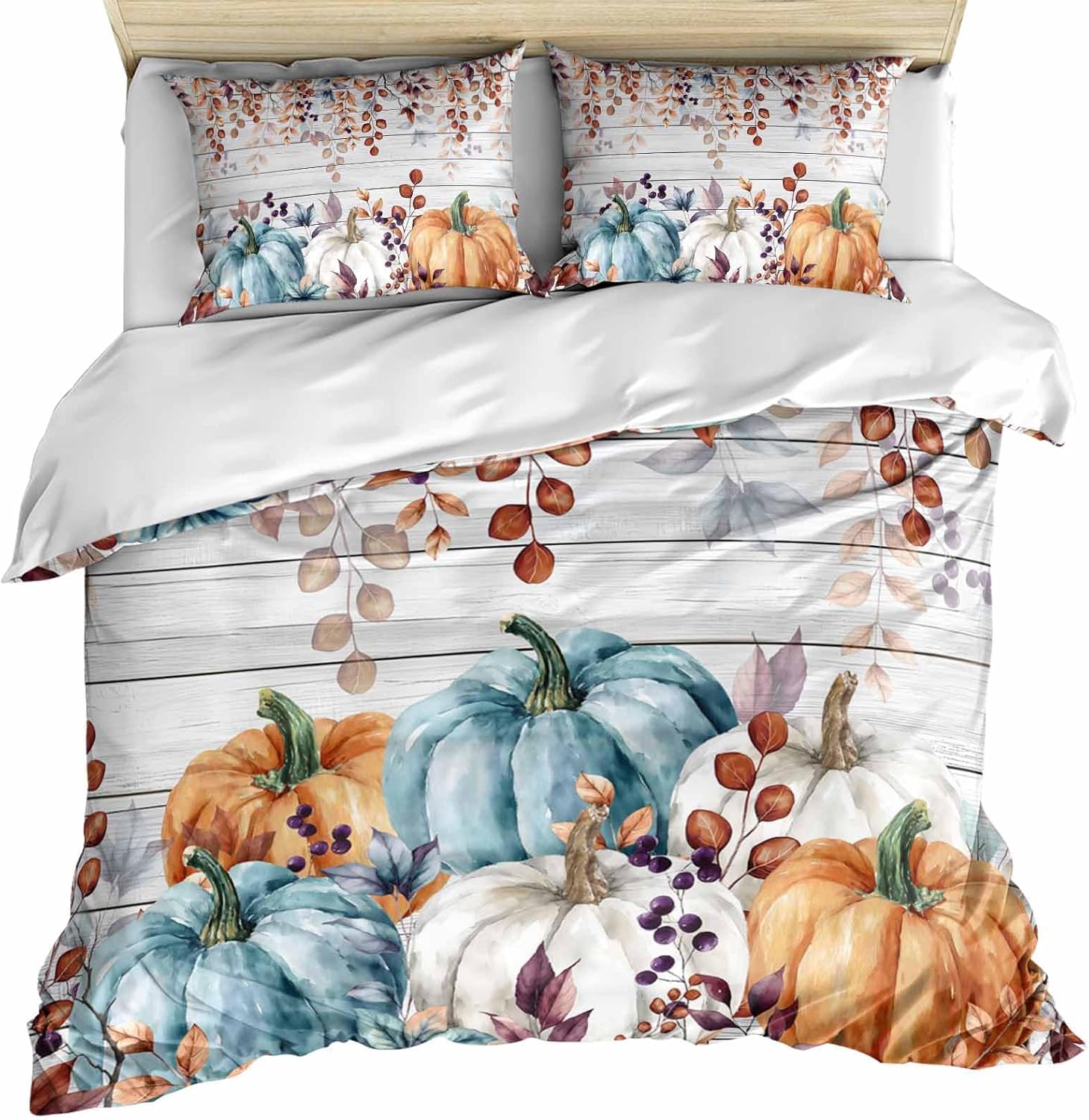 Orange Blue Pumpkins Fall Duvet Cover Queen Size, Thanksgiving Eucalyptus Leaves Comforter Cover with Zipper Closure, Autumn Wooden 3 Piece Bedding Sets 1 Duvet Cover 90x92 Inches and 2 Pillow Shams
