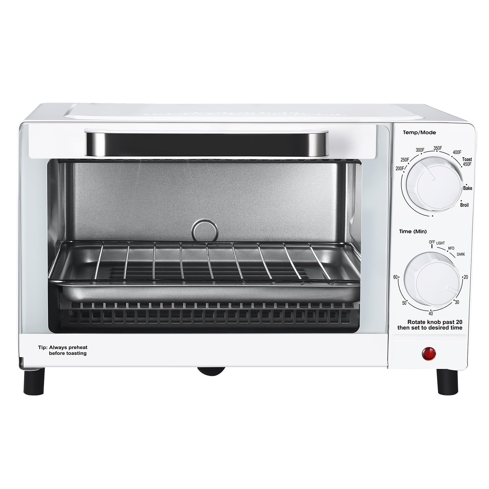 Minstoys 4-Slise Countertop Toaster Oven with 3 Settings – Includes Baking Rack and Pan, Compact Arctic White Design