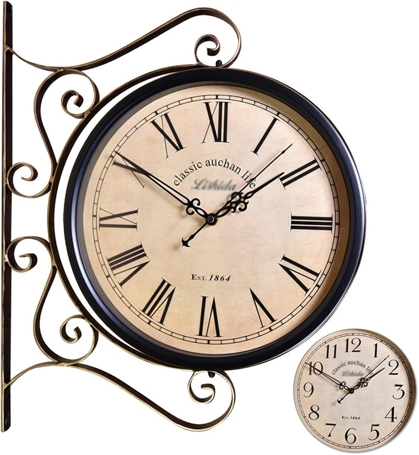 Clock Double-Sided Wall Clock Station Retro Dial Metal Clock Wall Hanging Home Décor Outdoor Wrought Iron Garden Clock
