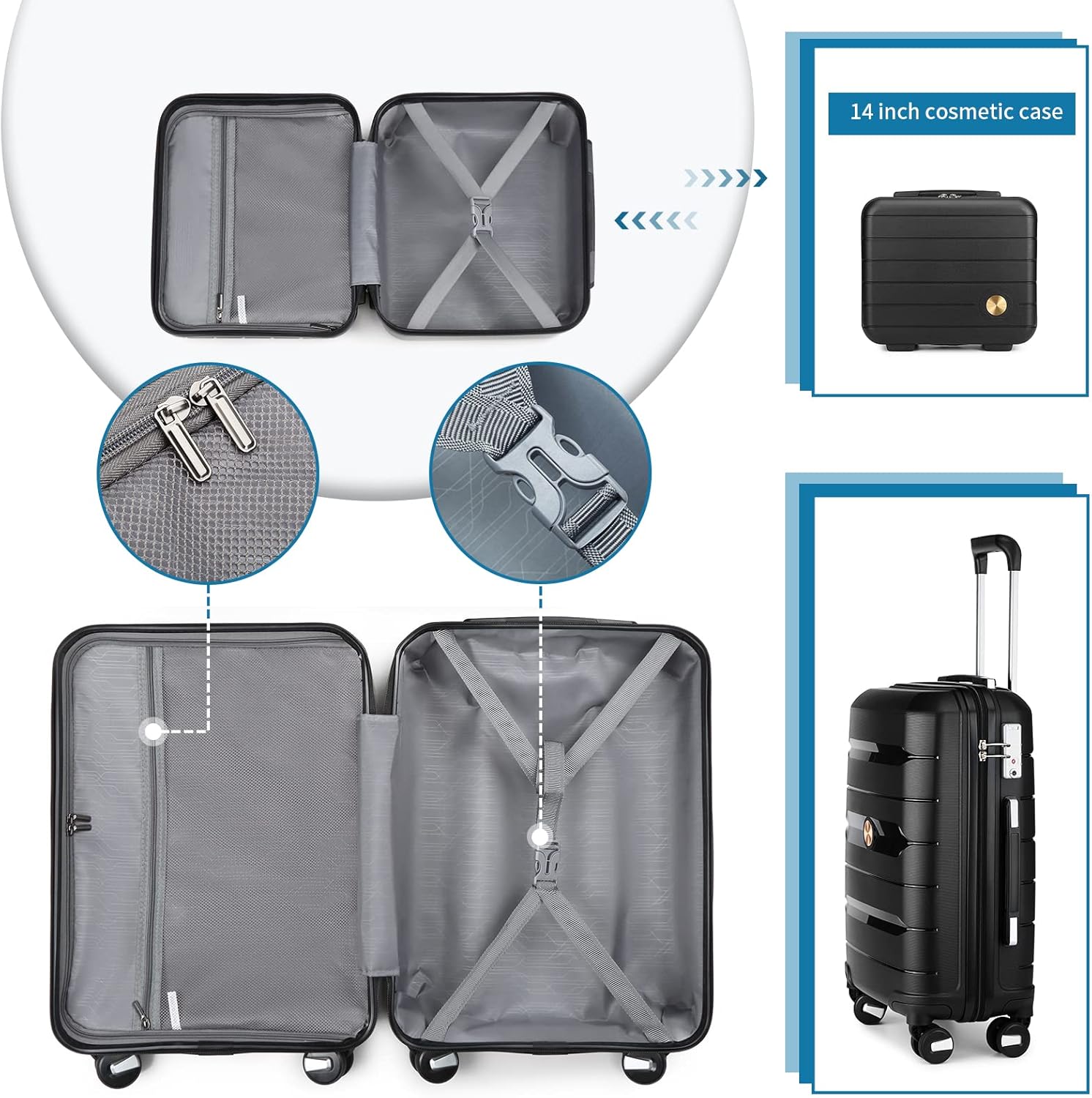 Somago 20" Carry On Luggage and 14" Mini Cosmetic Cases Travel Set Lightweight Polypropylene Suitcase with TSA Lock YKK Zipper Hardside Luggage with Spinner Wheels (2 Piece Set, Classic Black) - Image 4