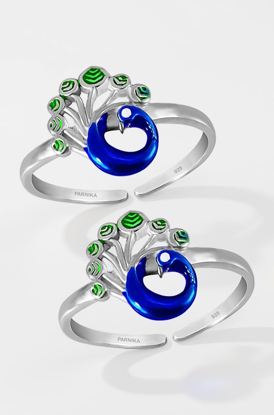 MJ Exuberant Colourful Peacock Design Toe Rings in Pure 92.5 Sterling Silver for Women | Chandi bichiya | With Certificate of Authenticity |