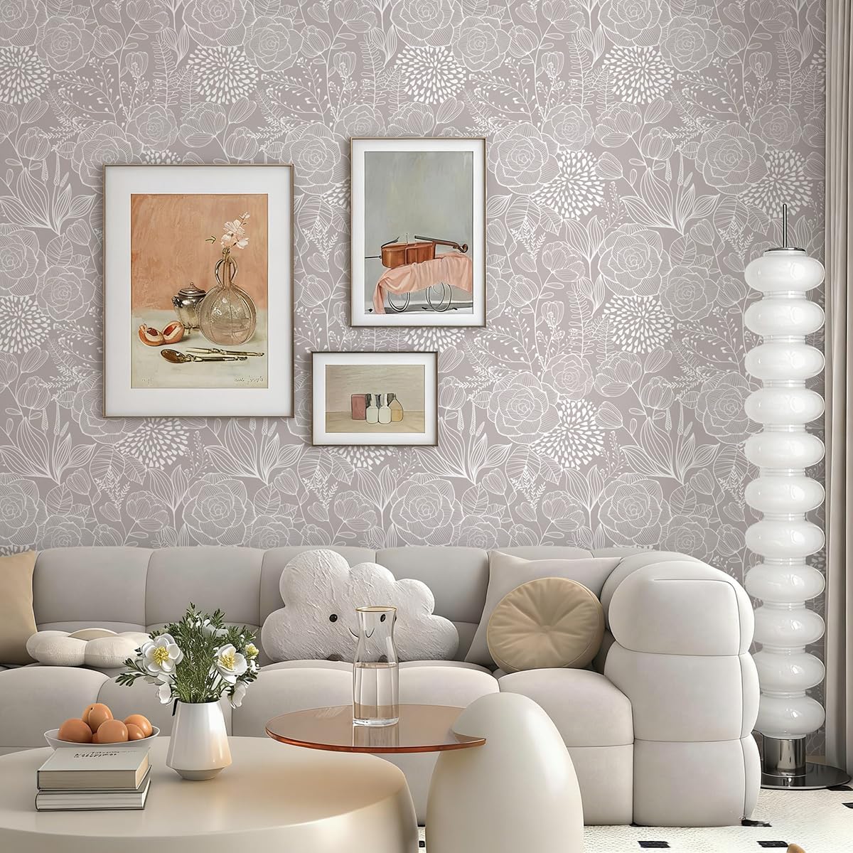 Wudnaye Grey and White Peel and Stick Wallpaper Floral Contact Paper 17" x 196.8" Boho Floral Self Adhesive Wallpaper for Bathroom Modern Neutral Removable Wall Paper for Cabinets Vinyl Decorative