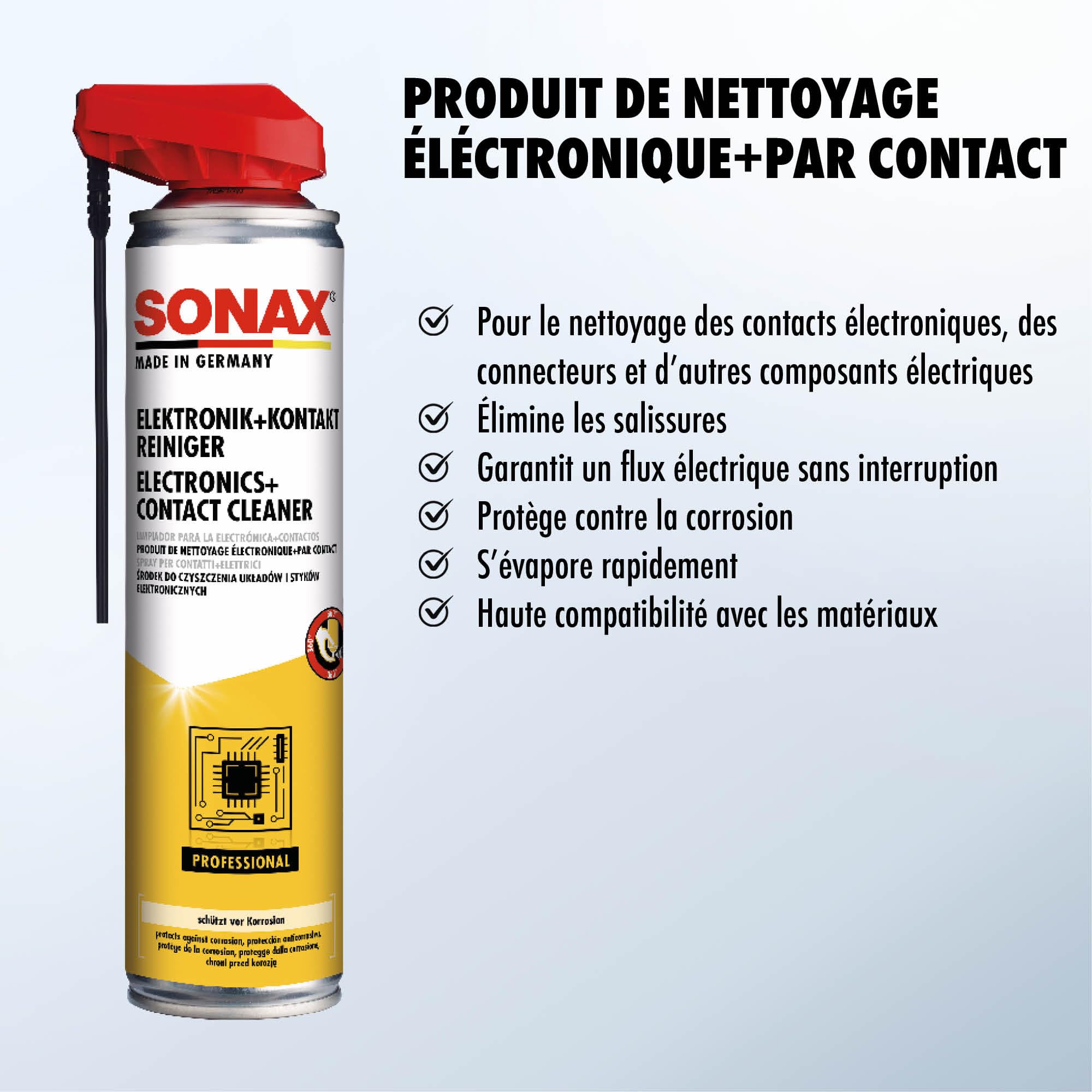 SONAX Produit de nettoyage pour contacts Électroniques (400 ml) nettoyant rapide pour connecteurs et composants électriques | Réf: 04603000