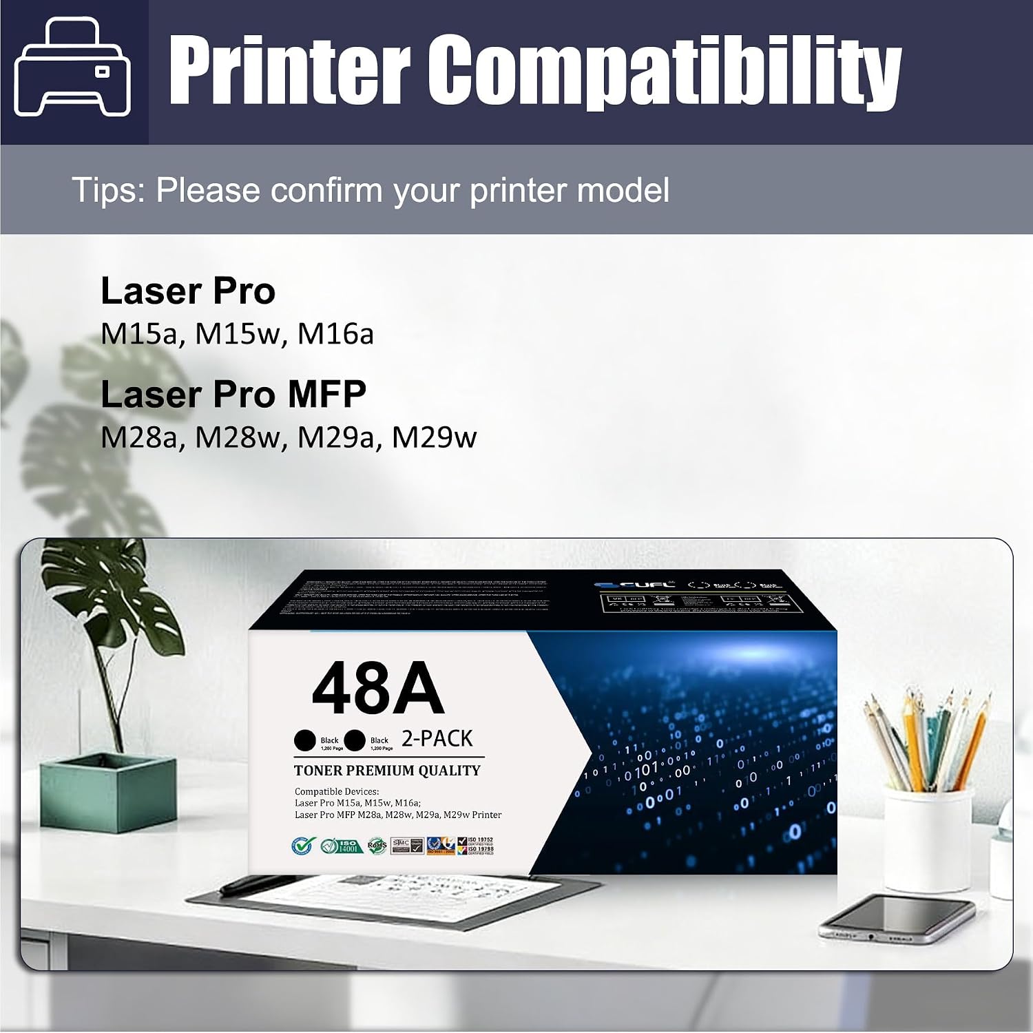 48A Toner Cartridge Black 2-Pack Replacement for HP 48A Toner CF248A Toner Cartridge Works with Laser Pro M15a, M15w, M16a; Laser Pro MFP M28a, M28w, M29a, M29w Printer
