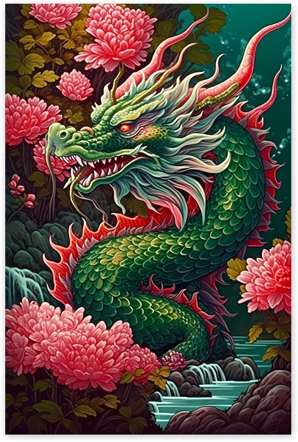 POEOIEX Red Flower Dragon Diamond Painting Kits for Beginners 5D Full Round Diamond Painting Art, Canvas HD Picture DIY Diamond Dot Painting, Home Wall Decor Gift 20x30 Inch