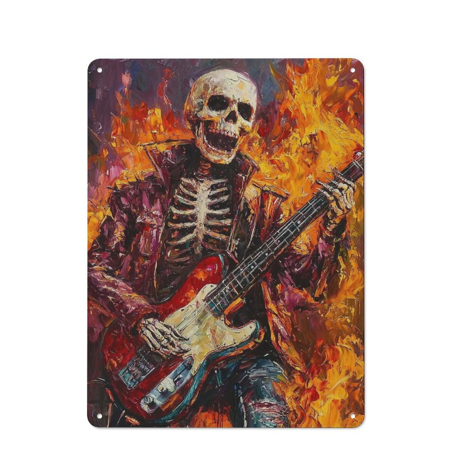 Junmoney Skeleton Rocker In Flames Painting Vintage Metal Wall Sign 40X30cm For Garage Or Workshop, For Metal Sign Collectors, For Garage And Workshop Walls