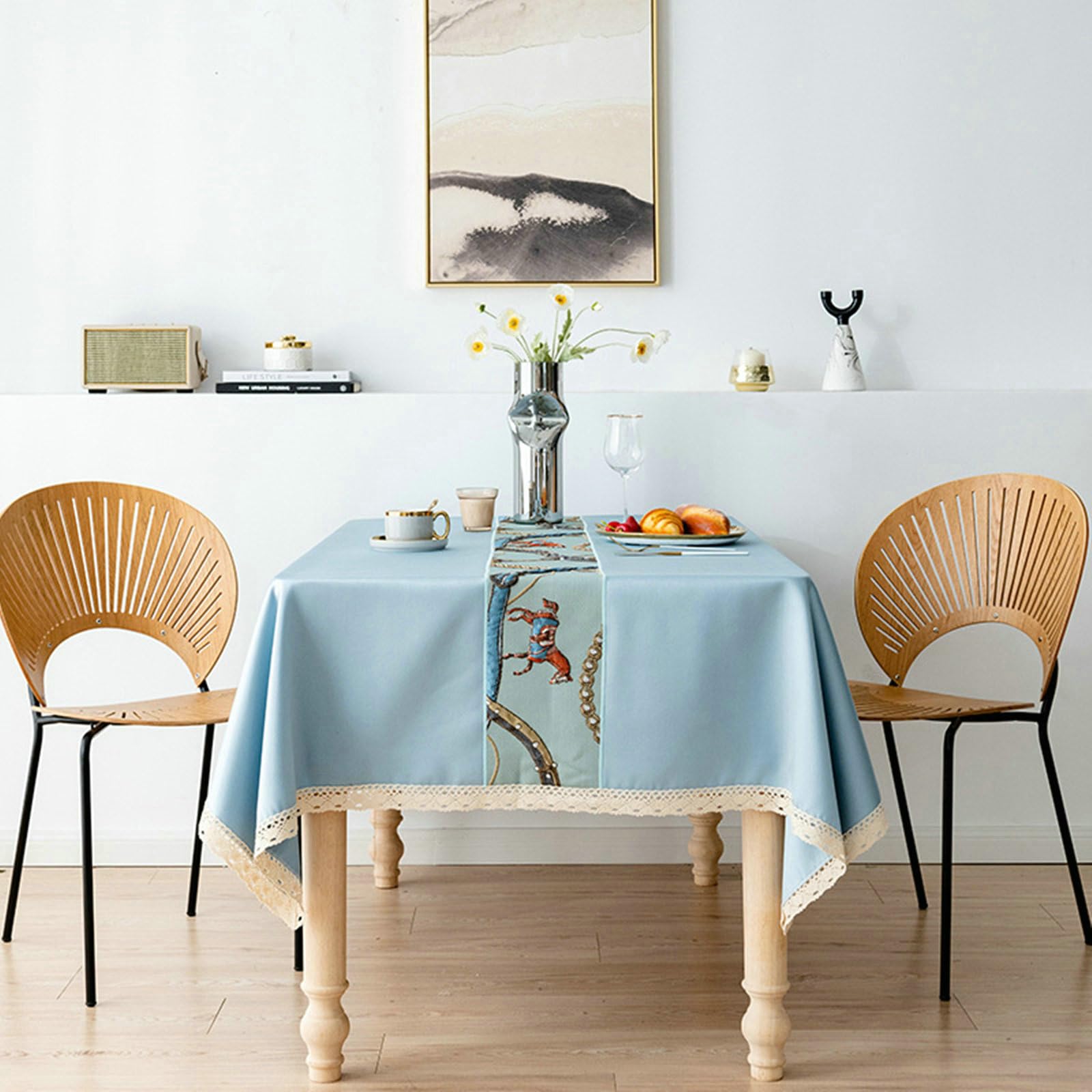 Tovaglia 150 x 200cm, Tovaglia da Cucina Antimacchia Blu Cavallo Ricamato con Bordo in Pizzo Tovaglia Rettangolare