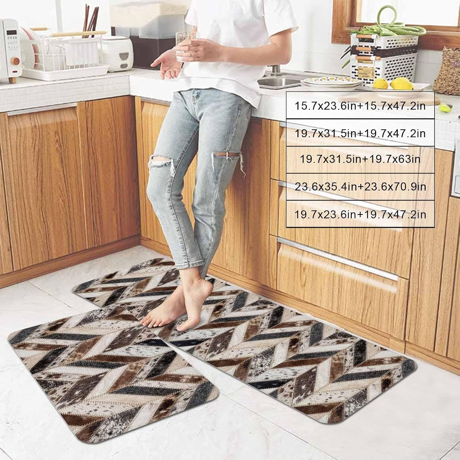 Herringbone Hide Kitchen Mat Set 2 Pieces Western Farm Abstract Grey Black Brown Animal Fur Style Non Slip Kitchen Rugs Washable Runner Mats for Floor Sink Laundry Office 23.6" x 35.4"+23.6" x 70.9"