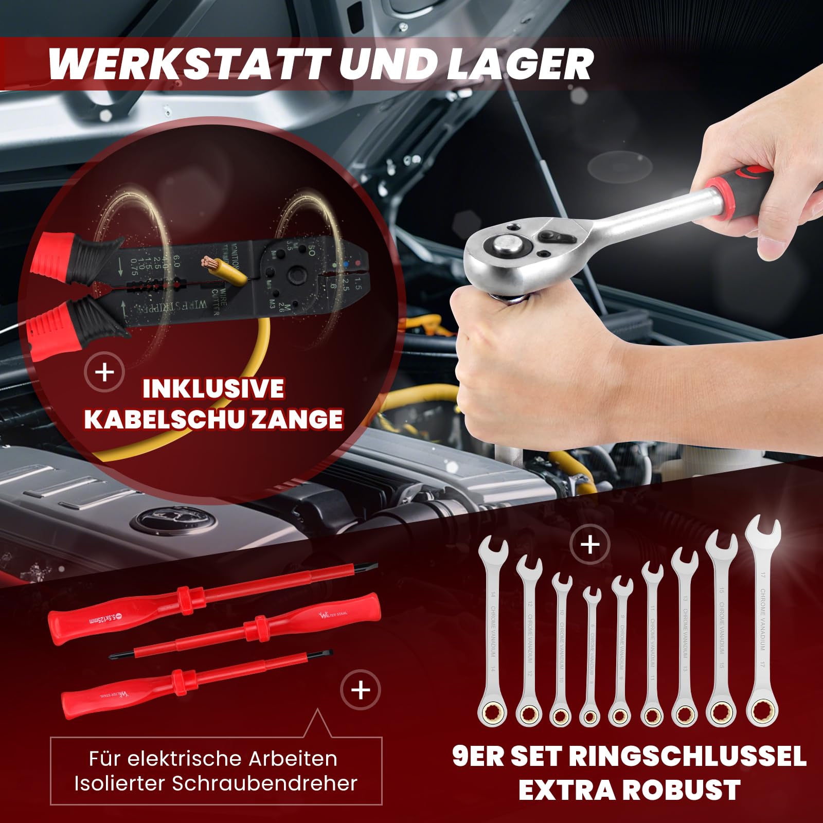 WALTER STAHL Werkzeugkoffer gefüllt 409 tlg | Werkzeugkasten | Aluminiumkoffer | Werkzeug Set | für Werkstatt und Haushalt, inkl.Schraubenschlüssel, Zangen etc