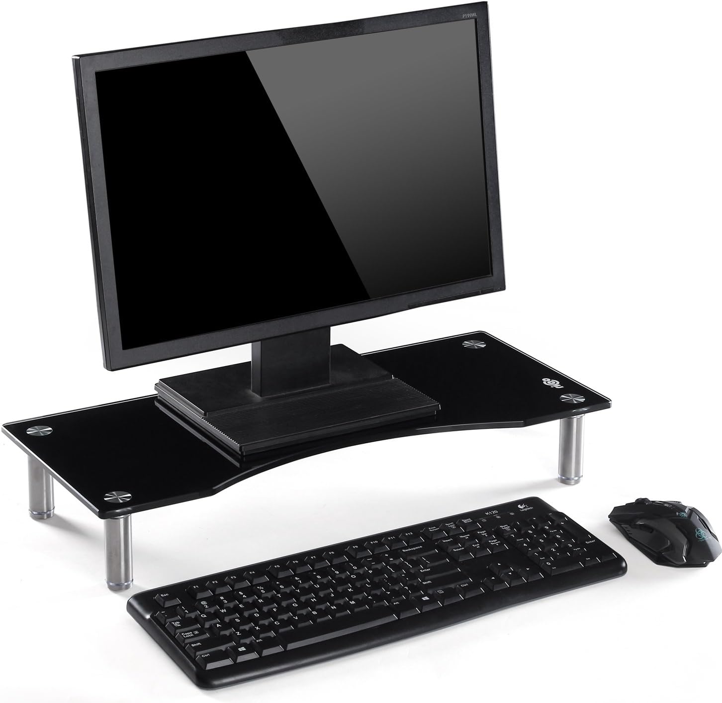 Black Glass Monitor Riser / Laptop & Computer TV Screen Stand / Height Adjustable 56cm L x 24cm D x 9cm H (Black)