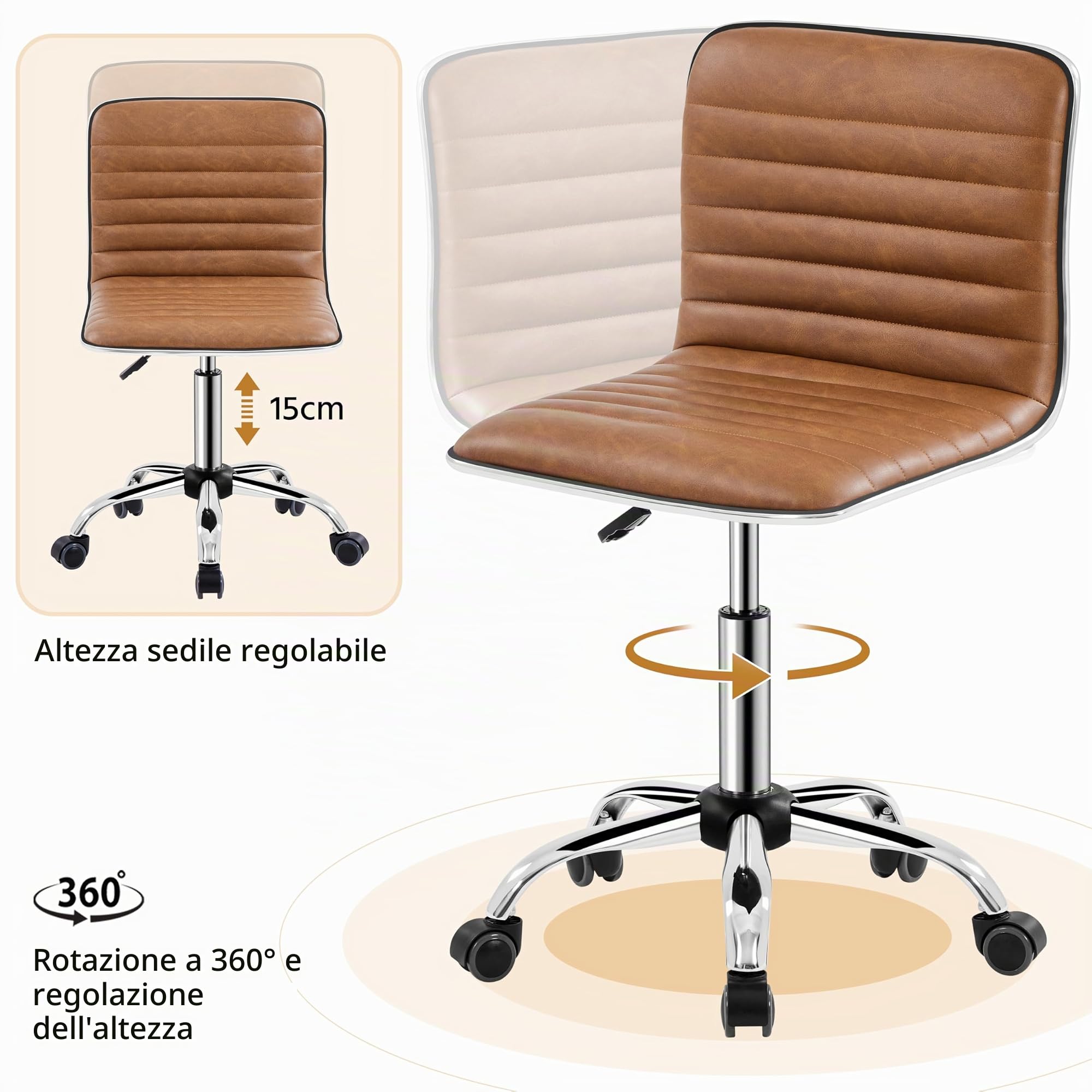 Sedia Ufficio Imbottita Girevole con Ruote Moderna | Senza Braccioli, in Finta pelle, Regolabile in Altezza, per Camera da Letto, Studio, Marrone