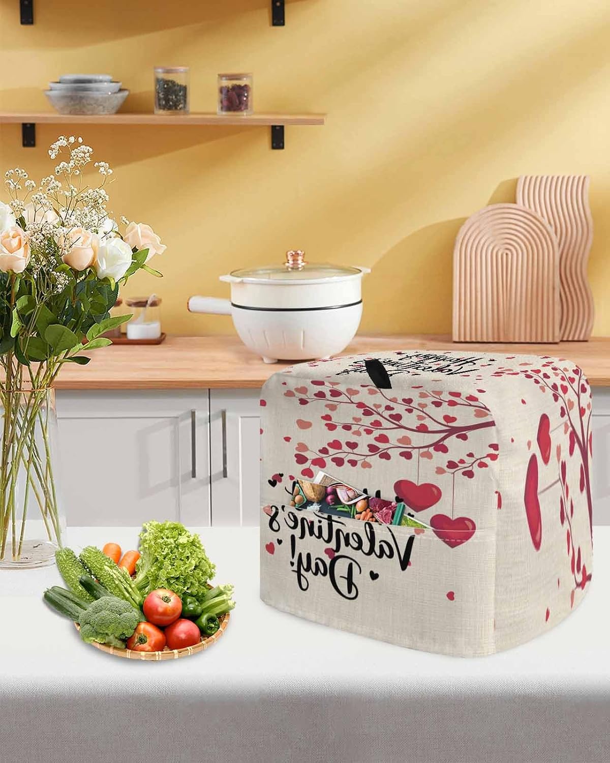 Happy Valentines Day Stand Mixer Cover with Storage Pocket, Waterproof Kitchen Mixer Covers, Red Love Branches Spring Beige Kitchen Appliance Dust Cover Compatible with 5-8 Quart Mixers