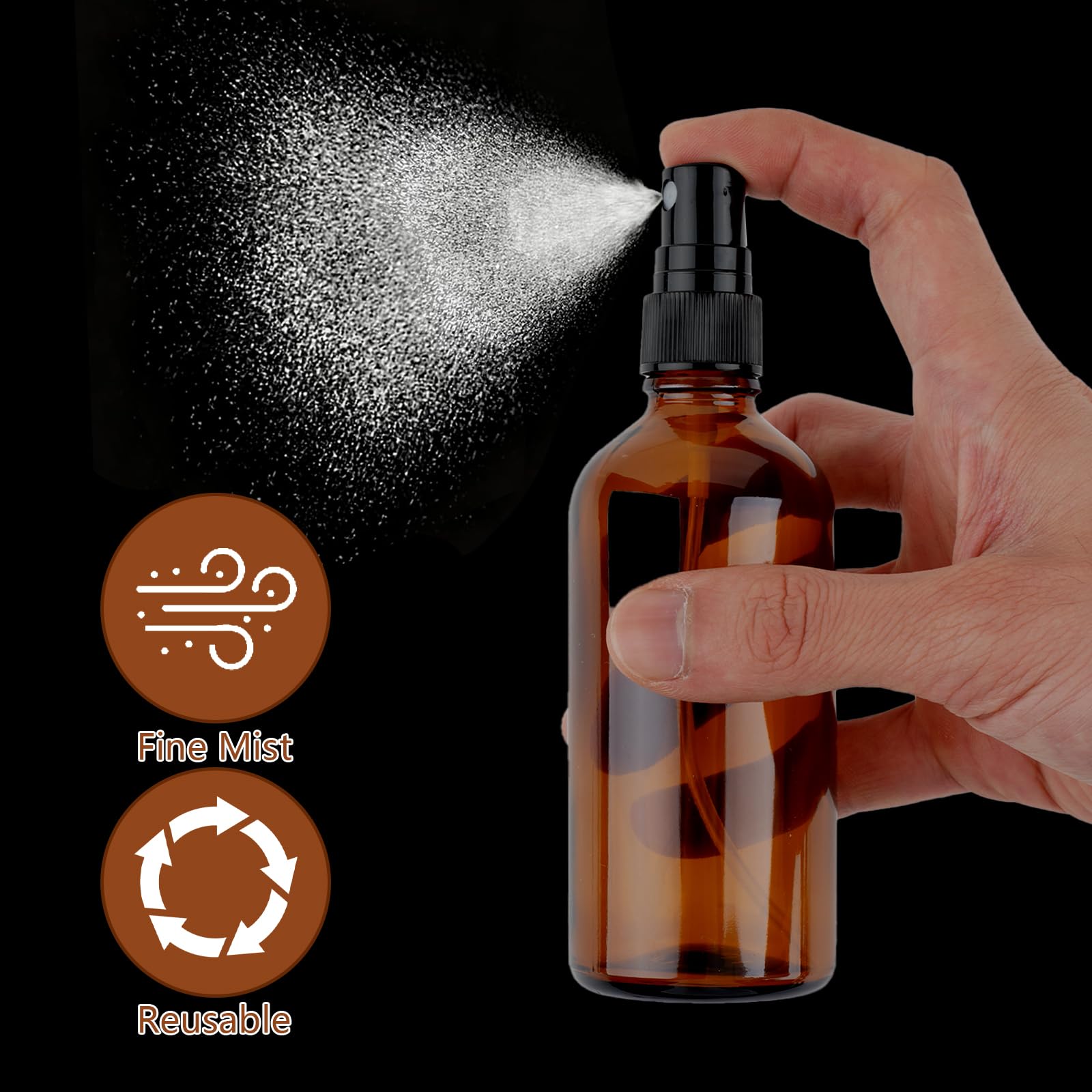 Maxmoc 100 ml, flacone spray in vetro marrone, 2 pezzi, piccolo vetro, nebulizzatore ricaricabile con imbuto, contagocce ed etichette per acqua, alcool, cosmetici, profumi, aromaterapia