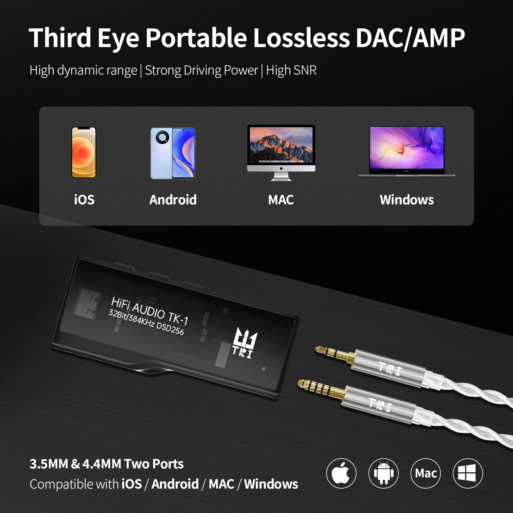 Yinyoo TRI TK1 Amplificateur de casque DAC portable à double puce CS43131 32 bits/384 kHz DSD256 pour audio Hi-Fi avec câble adaptateur USB-C vers USB-C pour prise de casque de 3,5 mm / 4,4 mm