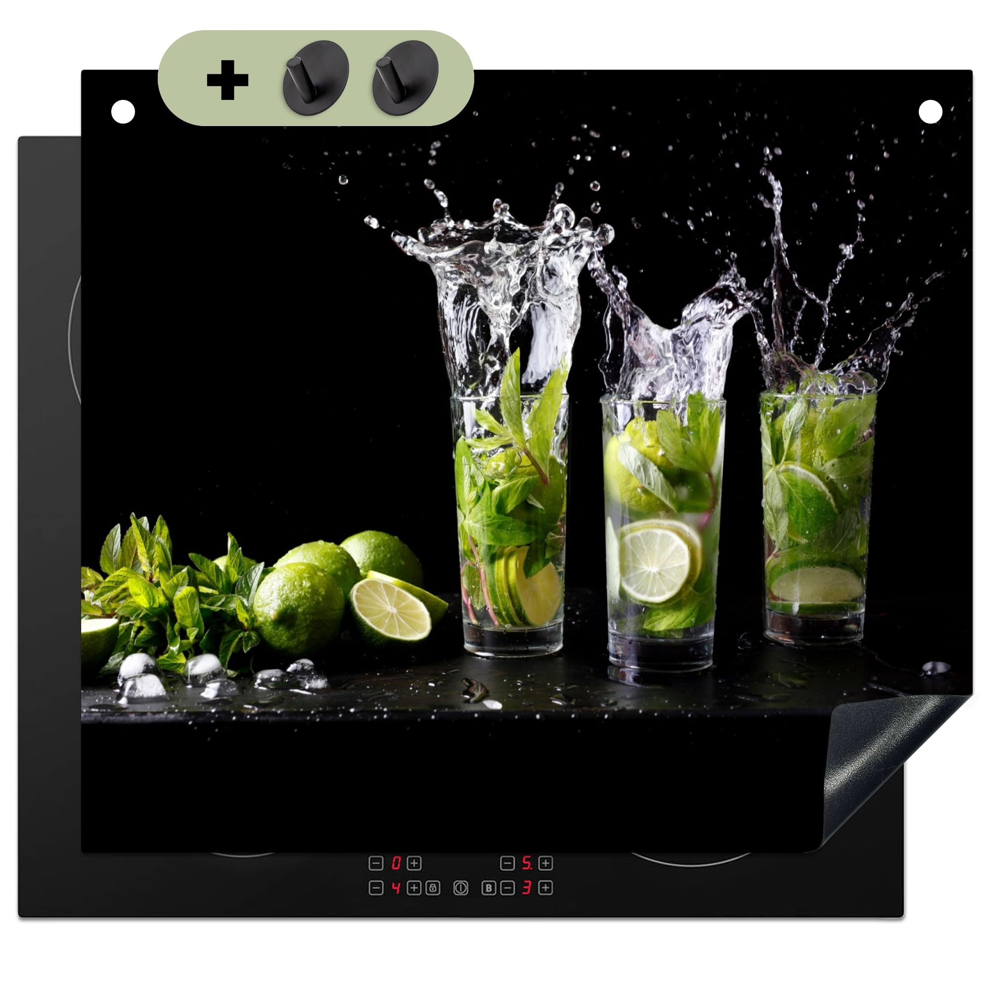 KitchenYeah© Herdabdeckplatte 60x52 cm Einteilig Herdabdeckung Abdeckplatte für Ceranfeld Abdeckung Induktionskochfeld, Spritzschutz Küchenrückwand Limette - Minze - Glas - Cocktail