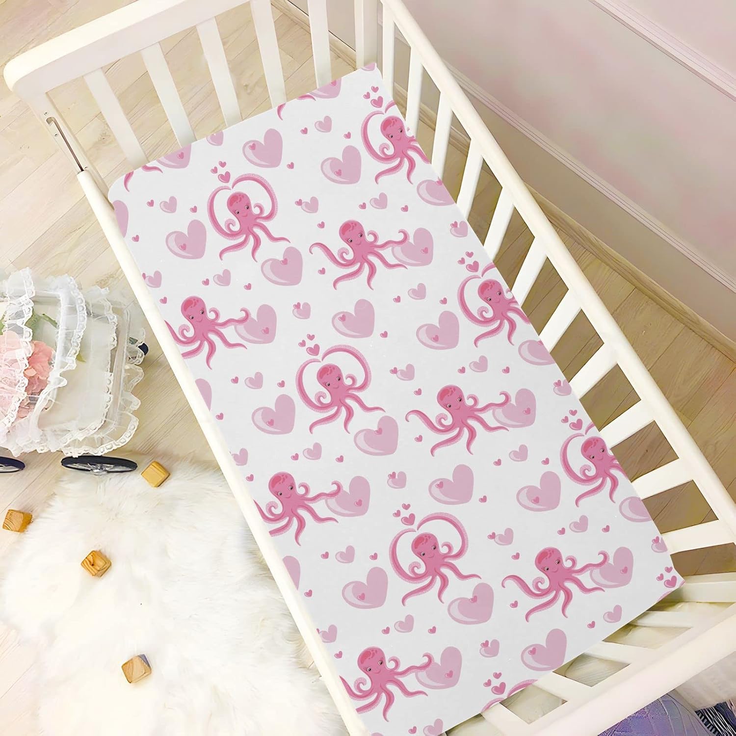 Fitted Crib Sheets Pink Octopus Stretchy Portable Playard Sheets for Baby Toddler, Breathable Soft Mini Crib Mattress 52 x 28 in for Boys and Girls