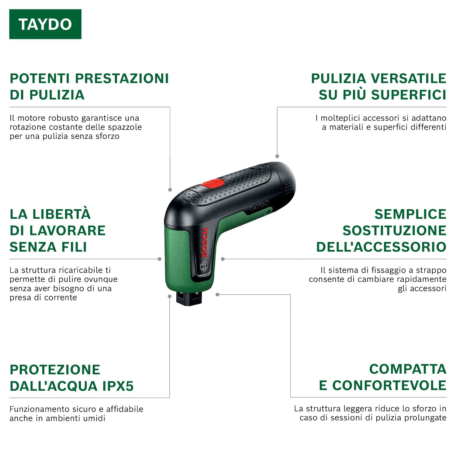 Bosch TAYDO (UniversalBrush 4V) Spazzola di pulizia a batteria (spazzola, spazzola di precisione, supporto per pad, pad heavy-duty abrasivo, pad in microfibra antigraffio, scatola di cartone)
