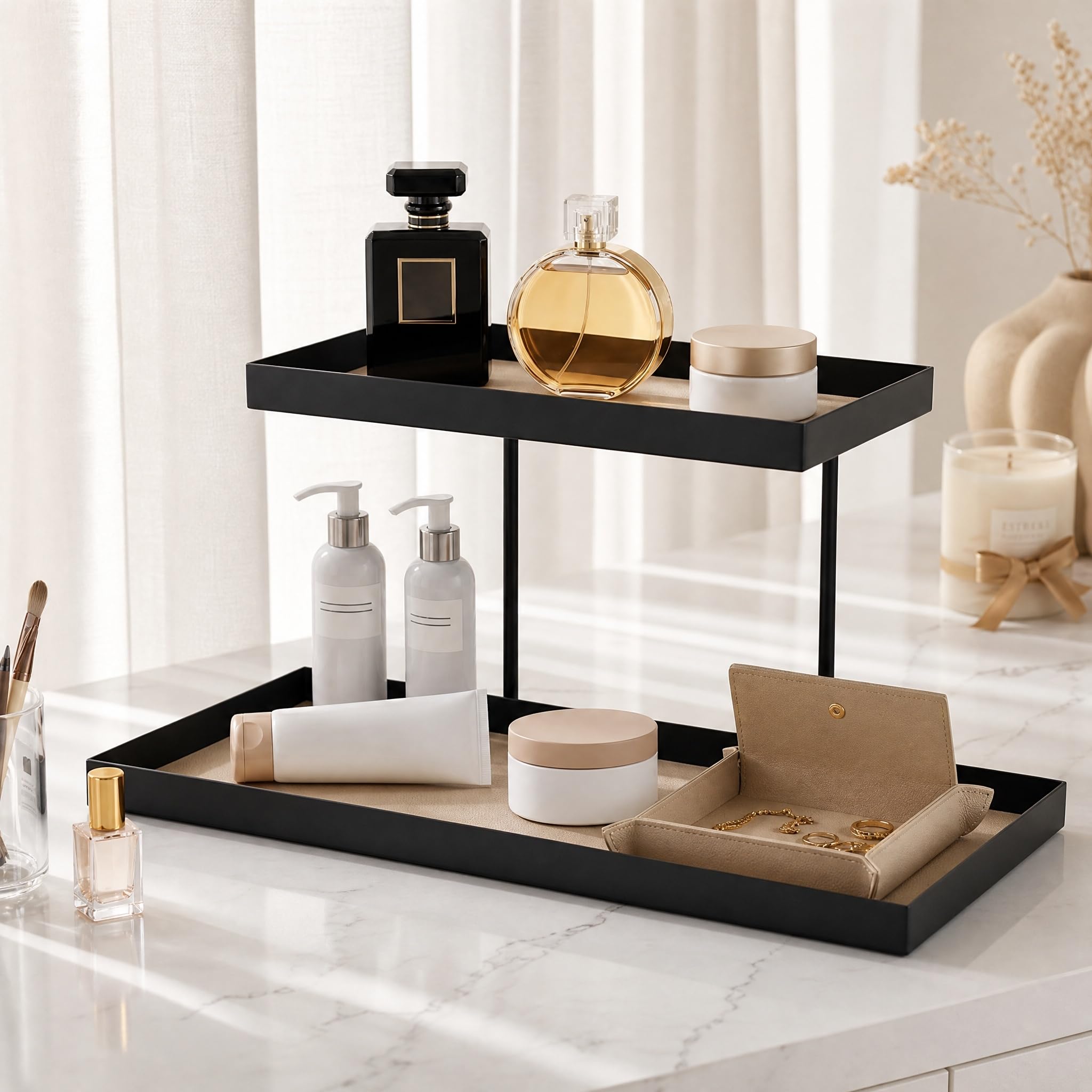 Organisateur de Parfum à 2 Étages en Métal et Cuir PU pour Chambre