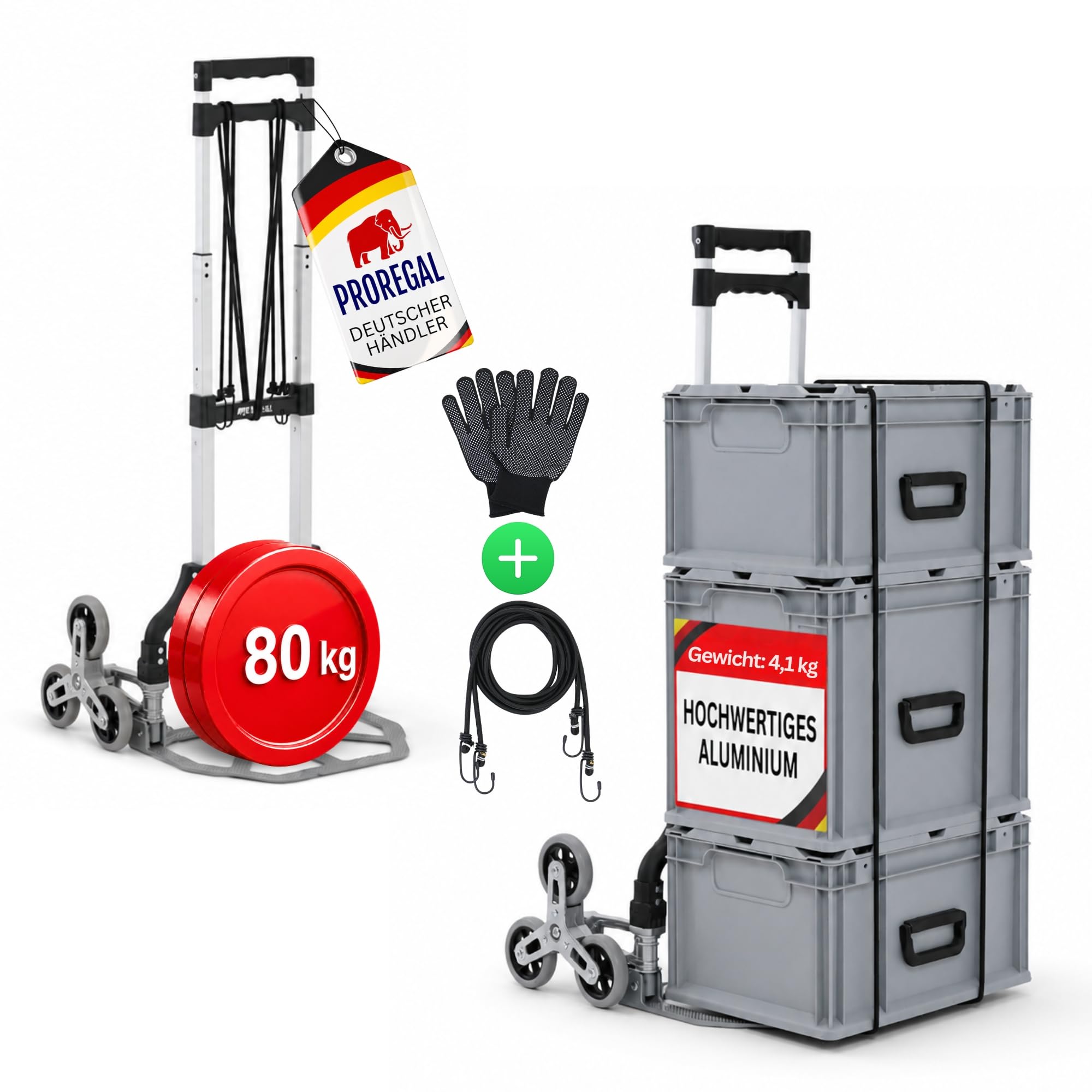 PROREGAL Carrello saliscale pieghevole ELEPHANT | AxLxP 110x45x48cm | Portata 70kg | Cornice in alluminio, maniglie ergonomiche, Ruote in gomma dura TPR | Silber