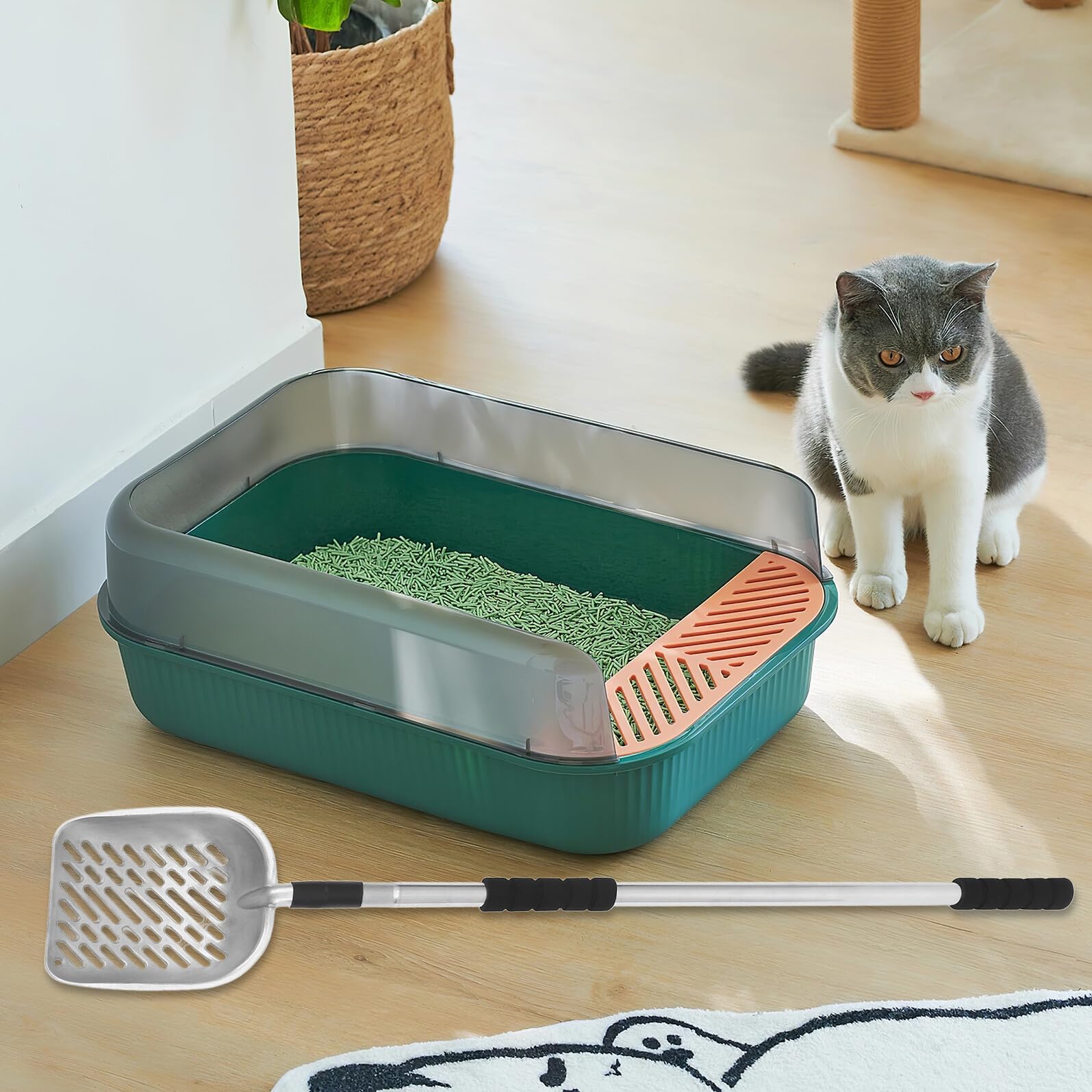 Paletta per Lettiera per Animali con Manico lungo Filtro Setaccio | Acciaio Inox e Eva, Argento, Uso Domestico per Separare i Rifiuti Dalla Lettiera, Utensile Riutilizzabile