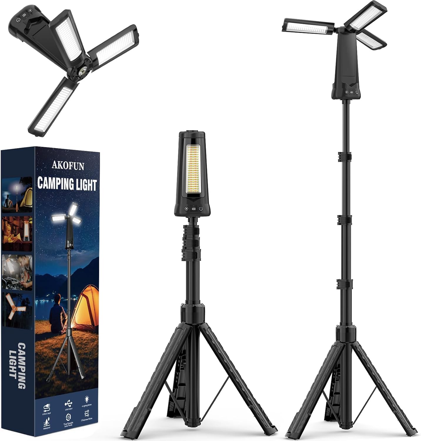 Rechargeable Camping Light with Stand, 15000 mAh Cordless Work Light with 3 LED Lamp Heads, 5500 Lumens Dimmable Camping Essentials Gear Emergency Flashlight with 86" Detachable Tripod, Black