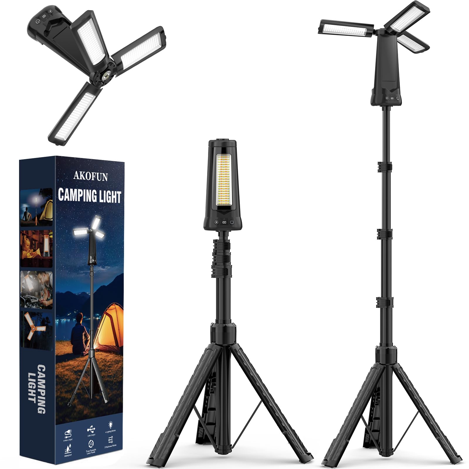 AKOFUN Campinglampe mit Ständer, 15000mAh Wiederaufladbare kabellose Arbeitsleuchte mit 3 LED Lampenköpfen, 5500 Lumen Dimmbar, Notfall-Taschenlampe mit abnehmbarem Stativ, max
