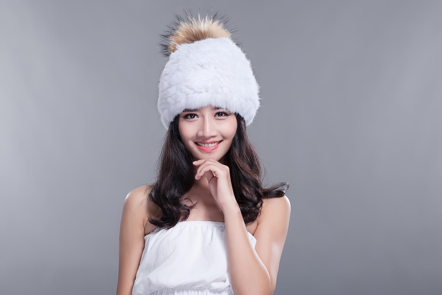 URSFUR Knit Rex Rabbit Hat Women's Beanies with Fox Pom Pom