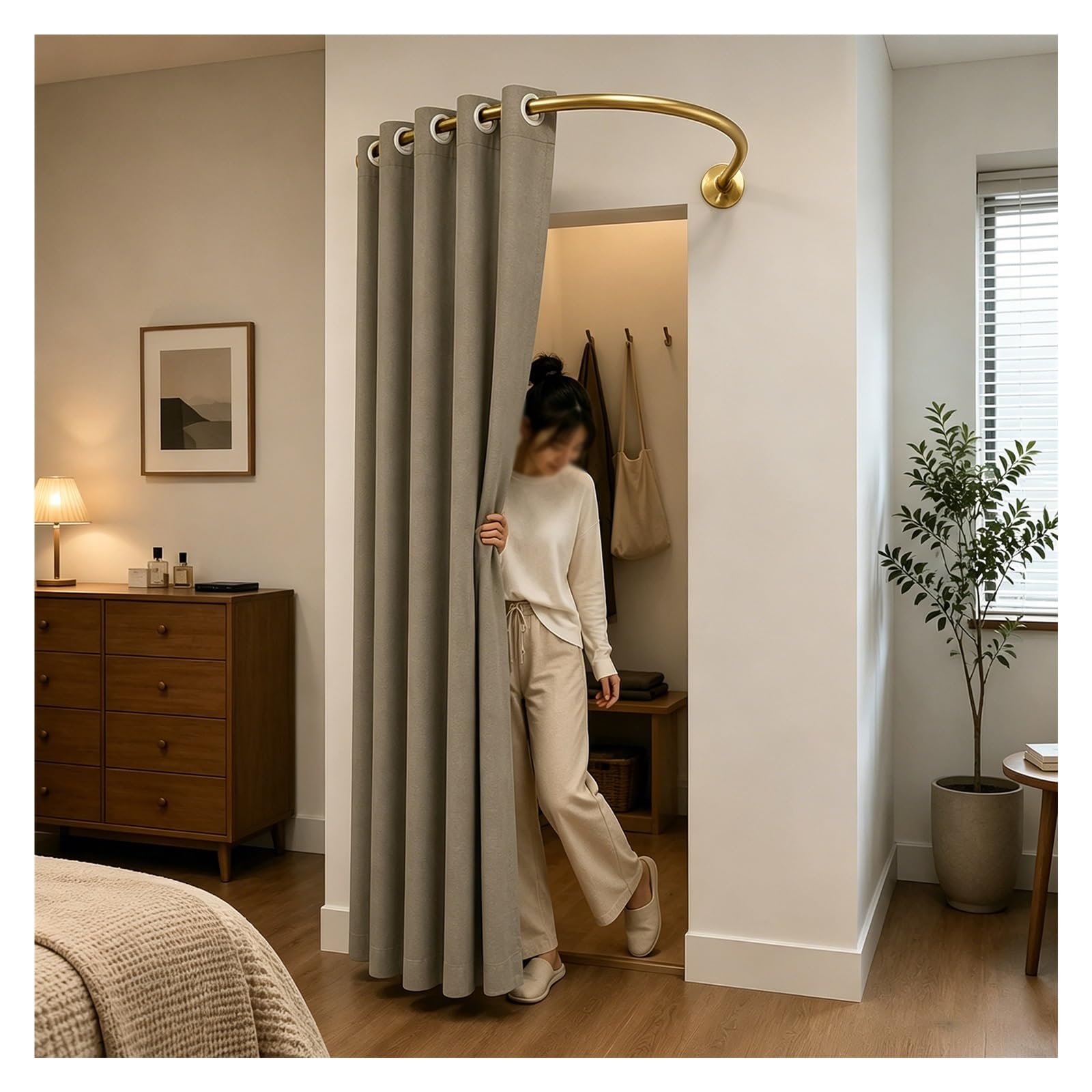ZJKXJH U Shaped Privacy Changing Curtain, Clothing Store Fitting Room Drapes, Space Saving Partition Curtain for Privacy Protection and Room Divider(Gold Rod+C Curtain,130cm)