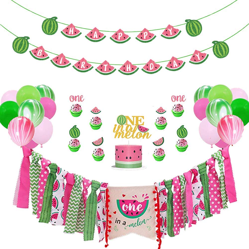 PRATYUS TownLights Watermelon Baby Boy Girls 1st Birthday Party Decorations Summer Fruit Theme Party Favors Kit With One In A Melon Cake Topper, High Chair Banner and Latex Balloons