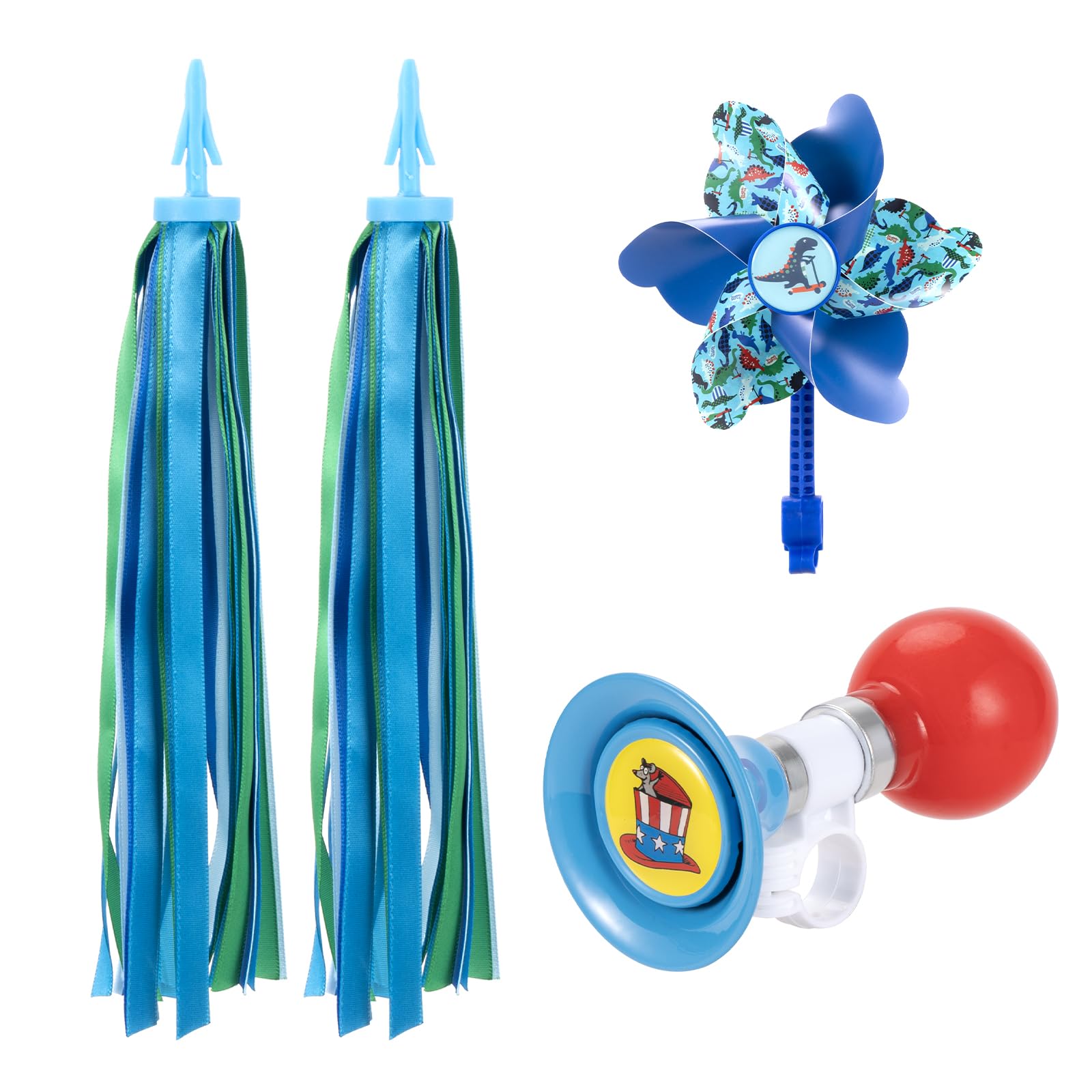 Kids Bike Horn Set, Children Bicycle Bell with 2 Pcs Bike Handle Streamers, and Windmill Kid Bike Accessories for Girls or Boys