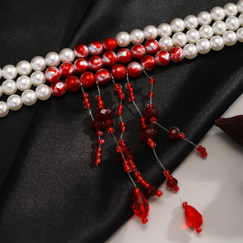 Jumwrit Vintage Layered Pearl Choker Necklace Dainty Chunky Chain Multi Strand Pearl Beaded Necklace Boho Rhinestone Tassel 3 Tier Halloween Vampire Necklace Statement Accessories for Women - Image 5