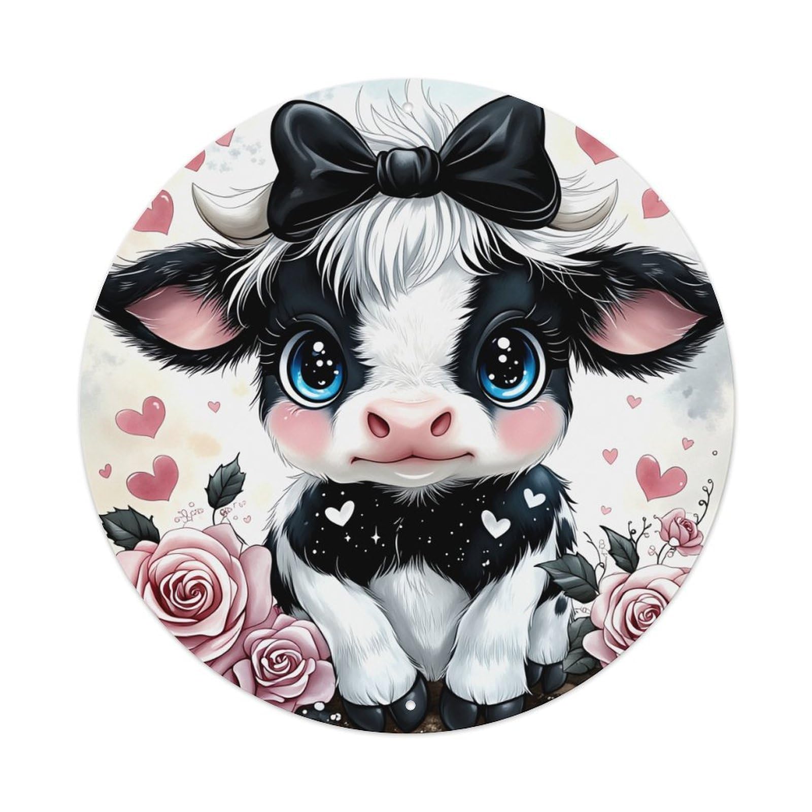 Cute Cow With Bow And Roses Round Tin Sign Vintage Metal Poster, Home Bar Garage Man Cave Cafe Indoor & Outdoor Wall Decoration 8x8Inches