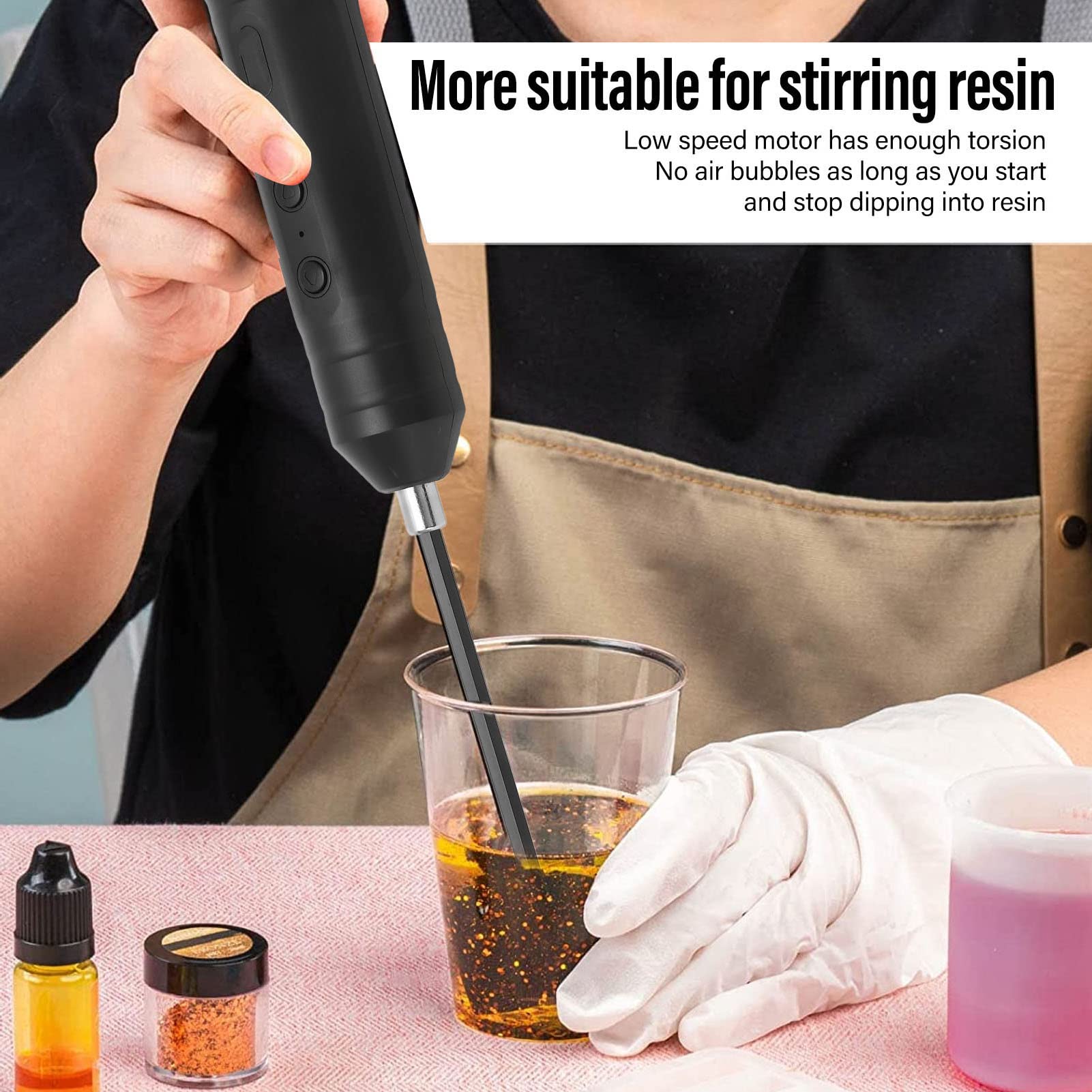 Epoxidharz-Mischer Hand-Epoxid-Mischer-Paddel mit 4-teiligem Ersatzstab, wiederaufladbar, 220 U/min, schwarz, für Harzformen und DIY-Handwerk
