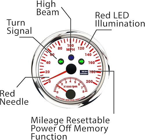 Miniatura 85 de MOTOR METER RACING W Pro 3.346 in 3-3/8" GPS Velocímetro con señal de giro de haz alto 160 MPH Negro Dial blanco LED Digital Odómetro impermeable