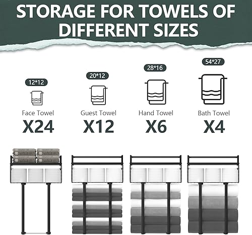 Vista 6 de Toalleros para baño, toallero de metal con cesta de almacenamiento, toallero de pared para toallas enrolladas, almacenamiento de toallas para baño