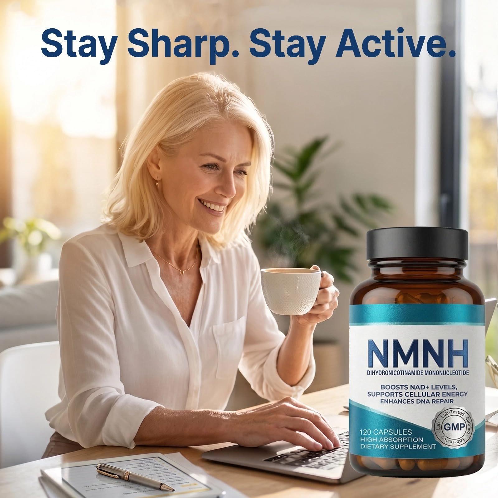 NMNH 1000 mg - Complément Alimentaire, Bêta-Nicotinamide Mononucléotide (Forme Réduite), Précurseur de NAD+ pour Soutien de l'Énergie Cellulaire et de la Vitalité, Sans OGM, Gélules Végétales