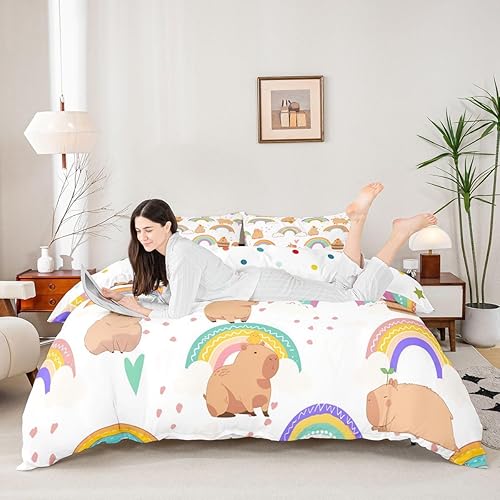 Miniatura 5 de Funda de edredón tamaño individual arcoíris para niñas, funda de edredón de dibujos animados Capybara para niños, regalos para amantes de Capybara,