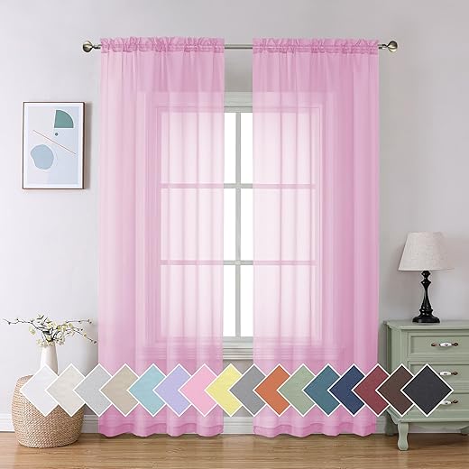 Aiyufeng Light Pink Sheer Curtains 84 Inches Long 2 Panels Set, Semi Transparent Voile Rod Pocket Sheer Window Drapes for Bedroom Bed Canopy Living Room Dining Wedding Party Backdrop, 40W x 84L inch