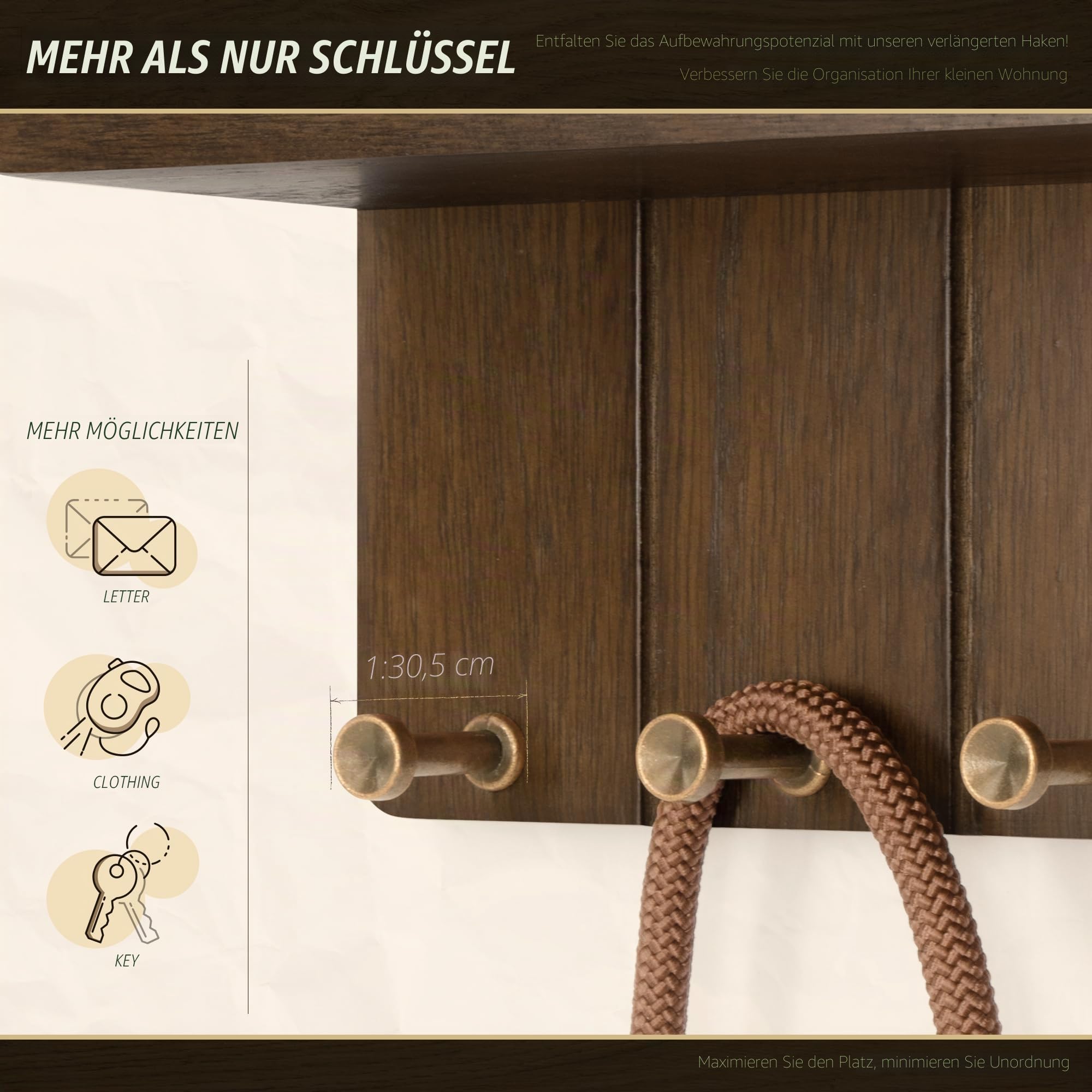 Rebee Vision Farmhouse Schlüsselhalter Wandhalterung - Kleiner Schlüssel- und Posthalter für die Wand mit 4 Haken und Mini-Schweberegal - Ideale Wohnungsutensilien für Raumdekoration, ästhetisch