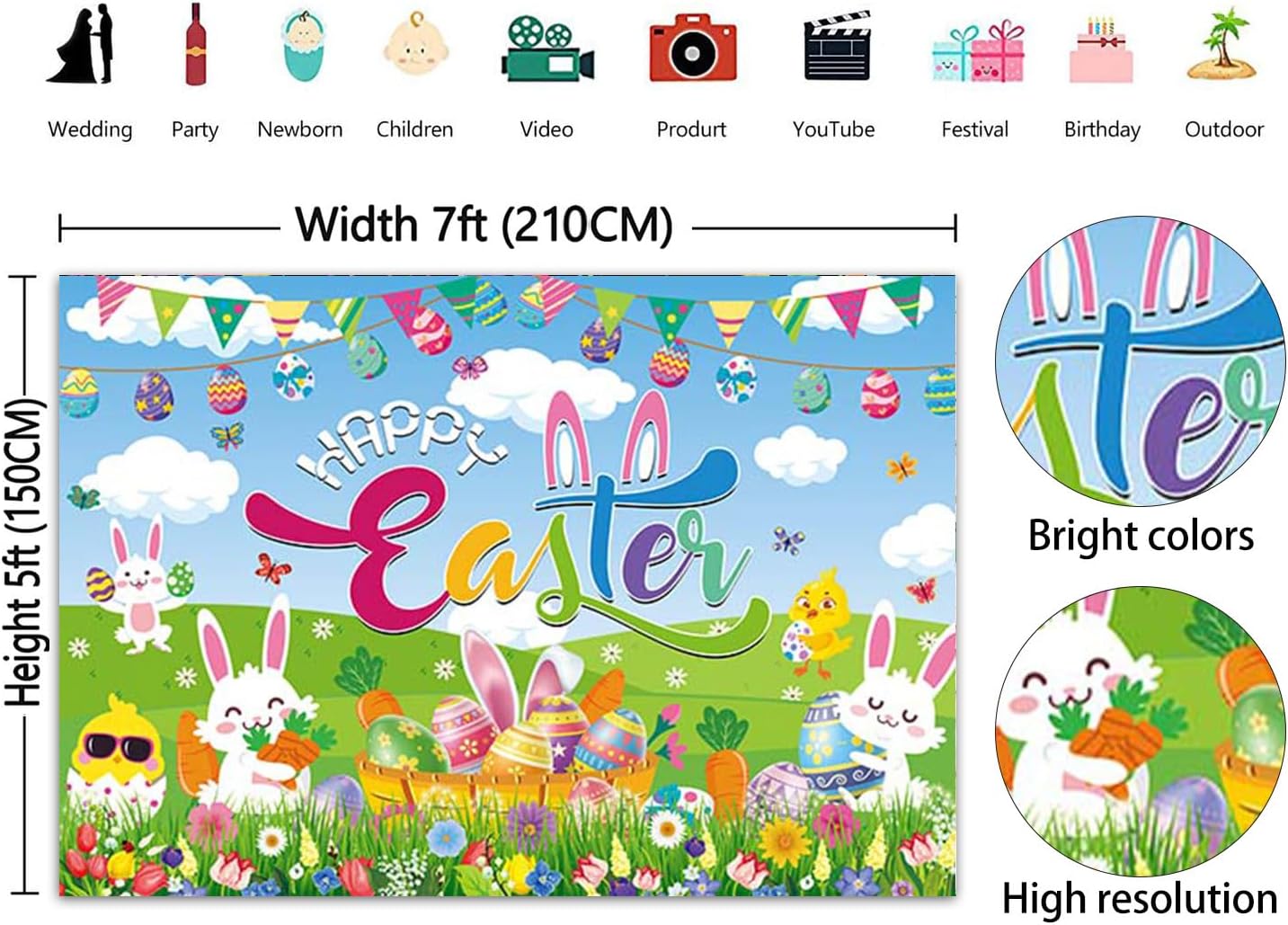 Happy Easter Backdrop Banner Spring Rabbit Eggs Photo Background Easter Colorful Eggs Bunny Kids Birthday Party Decoration Banner Photo Supplies (82x59inch(7x5FT))