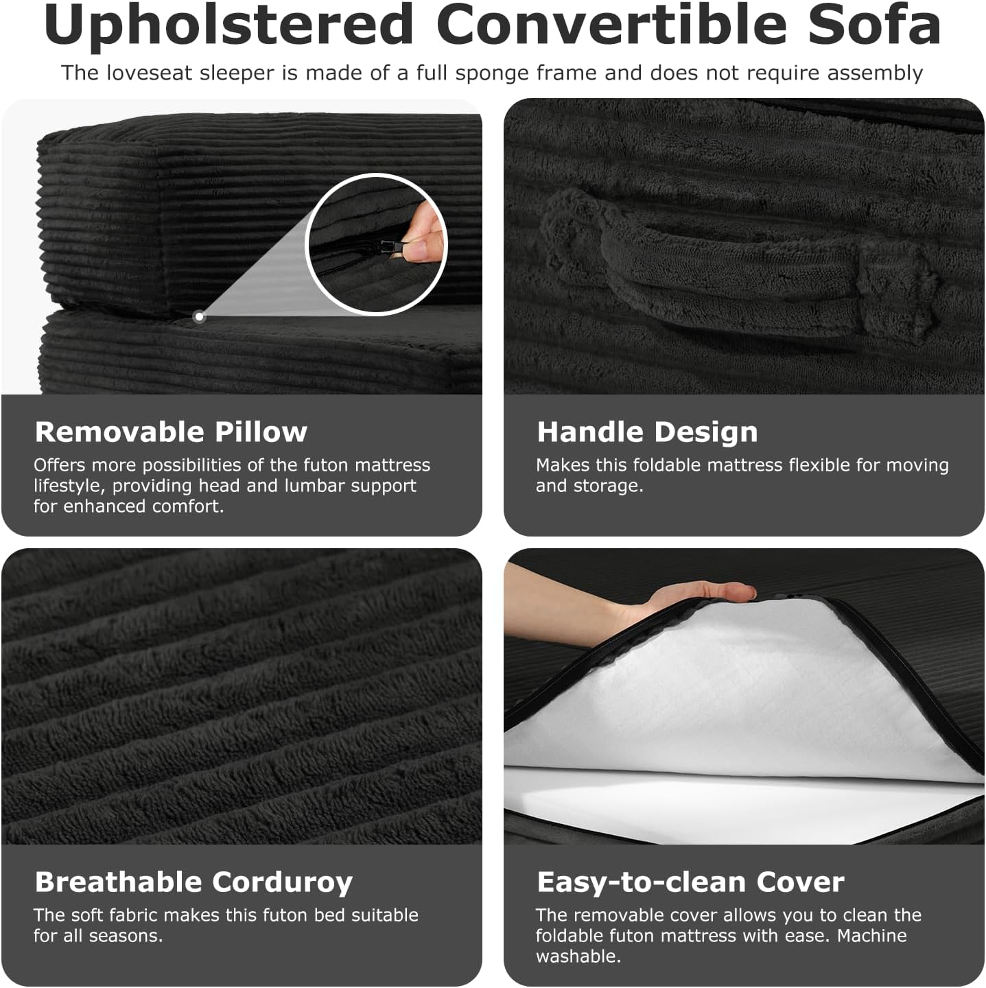 Folding Sofa Bed, Convertible Sleeper Chair Foldable Mattress with Back Support, Comfy Floor Couch Sofa Lounge for Living Room Bedroom, Black, Single