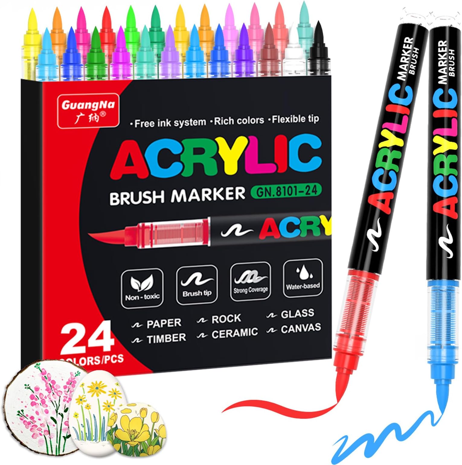 Acrylic Paint Markers,24 Colors with Direct-Liquid Ink Control System, Professional-Grade Paint Pen for Rock Painting, Canvas, Glass, Plastic, Fabric & Creative Crafts