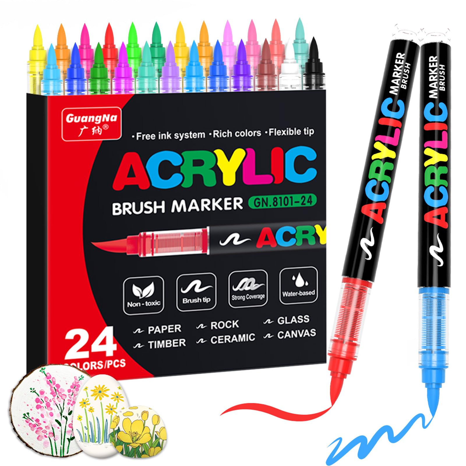 Guangna Acrylic Paint Markers,24 Colors with Direct-Liquid Ink Control System, Professional-Grade Paint Pen for Rock Painting, Canvas, Glass, Plastic, Fabric & Creative Crafts