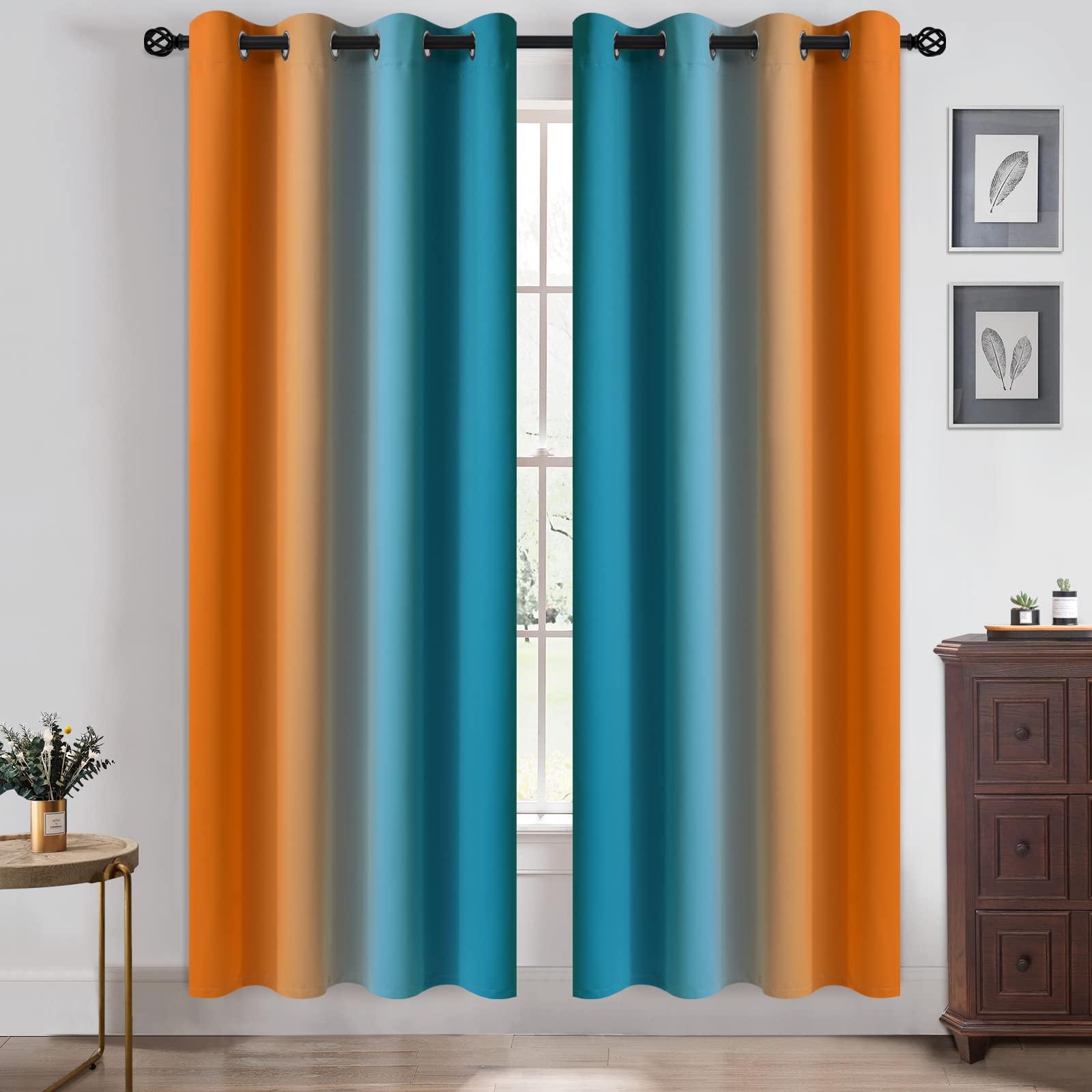 Yakamok Blackout Ombre Orange and Blue Curtains for Bedroom, Gradient Room Darkening Curtains, Grommet Thermal Insulated Light Blocking Window Drapes/Curtain for Living Room(2 Panels, 52 x 72 Inch) โ image 1