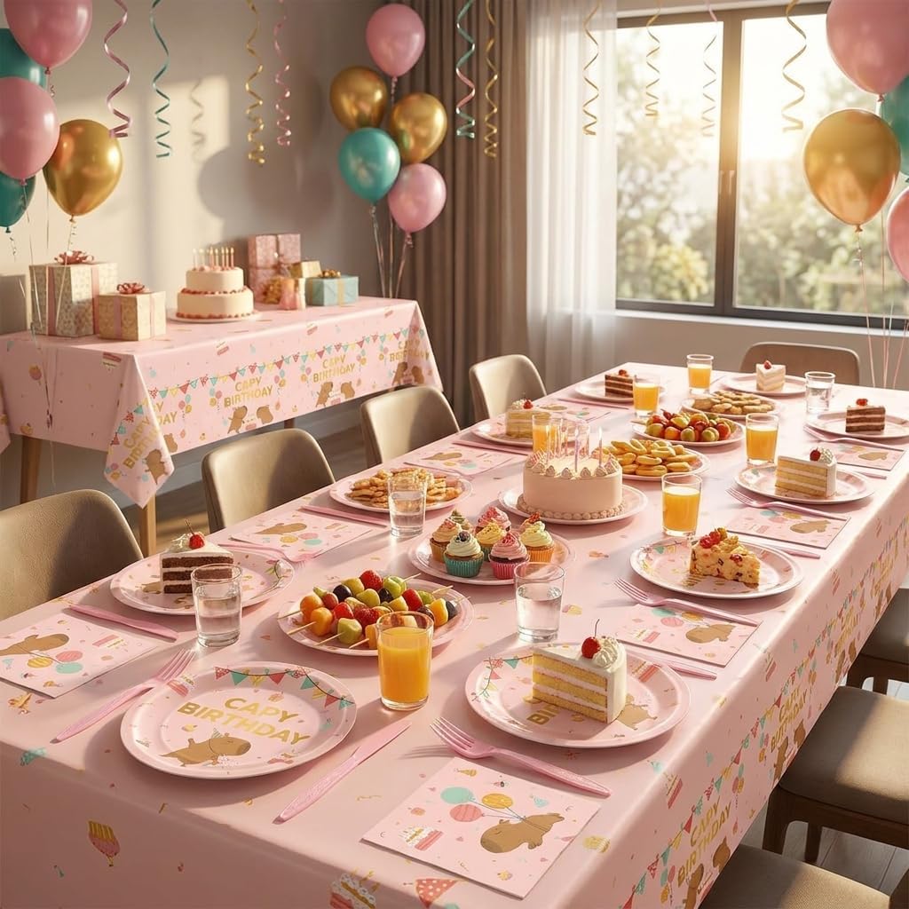 98 PCS Pink Capy Birthday Party Decorations Capy Disposable Paper Plates Napkins Tablecloths Cute Cartoon Animal Hydrochaeris Tableware Set for Baby Shower Birthday Party Supplies Favor Decor image 5