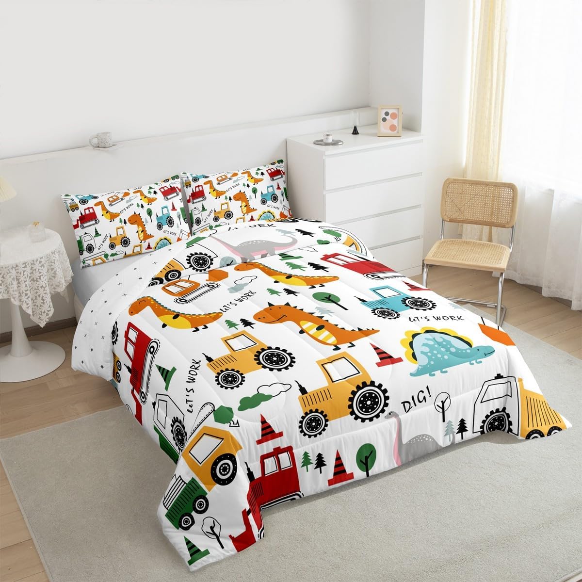 Feelyou Construction Bedding Set Full Size Cartoon Dinosaur Comforter Set Jungle Dino Comforter Equipment Trucks Red Orange Duvet Set Bedroom Quilt Set
