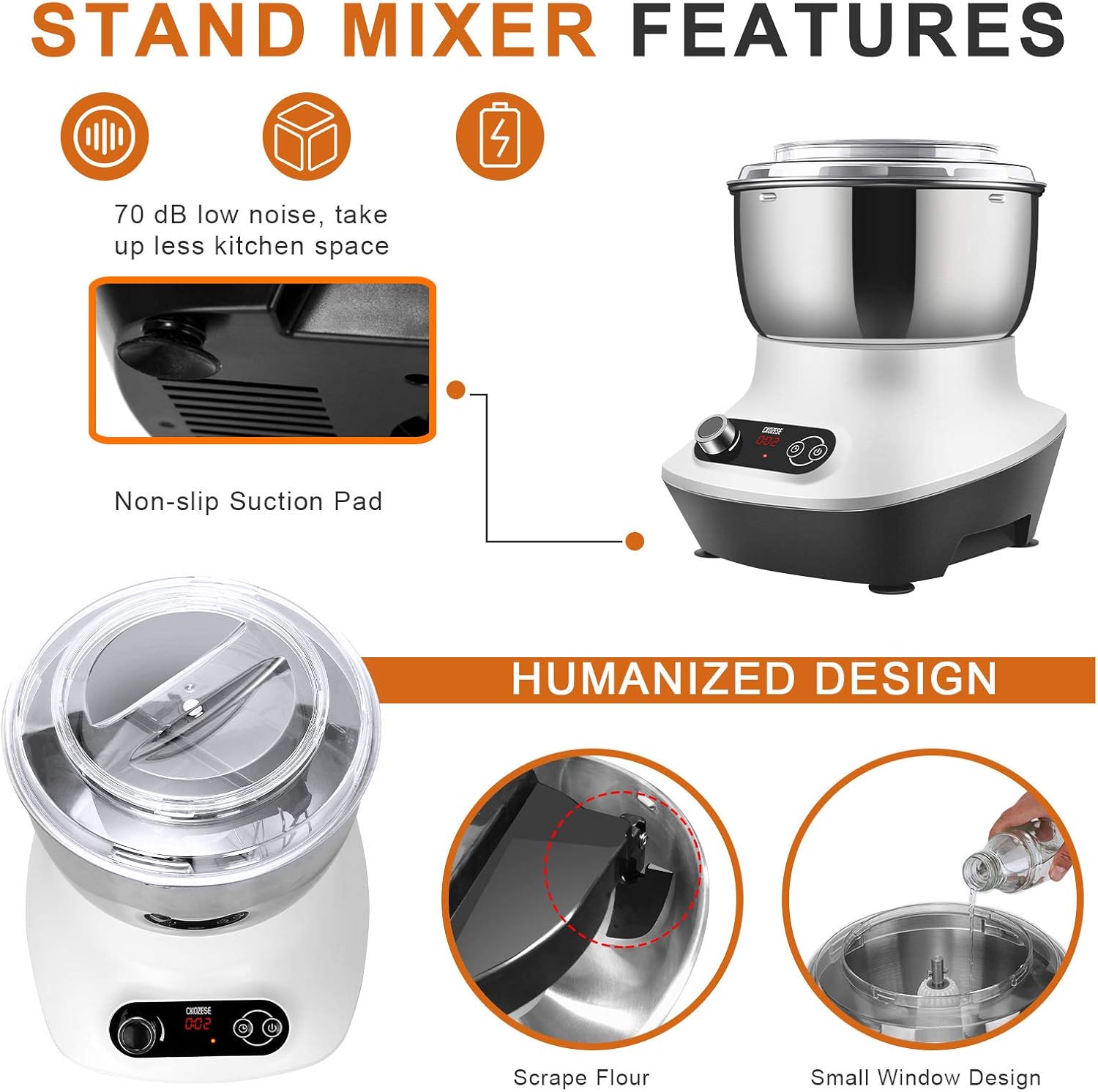 Diagram illustrating the stand mixer's features including 70 dB low noise, space-saving design, non-slip suction pads, and humanized design elements like scrape flour and small window.